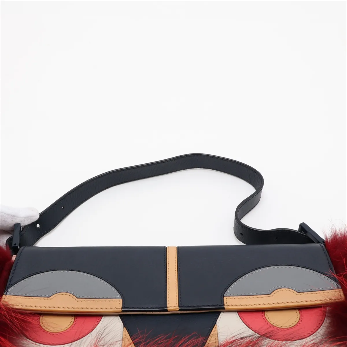 Monster Baguette Leather x Fur Shoulder Bag, Navy x Red, 8BR600, with Mirror — view 6