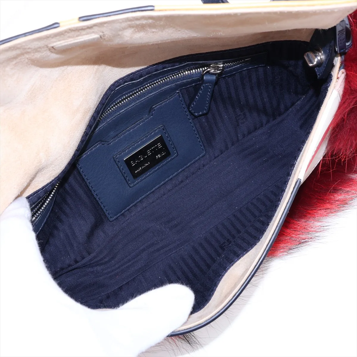 Monster Baguette Leather x Fur Shoulder Bag, Navy x Red, 8BR600, with Mirror — view 7