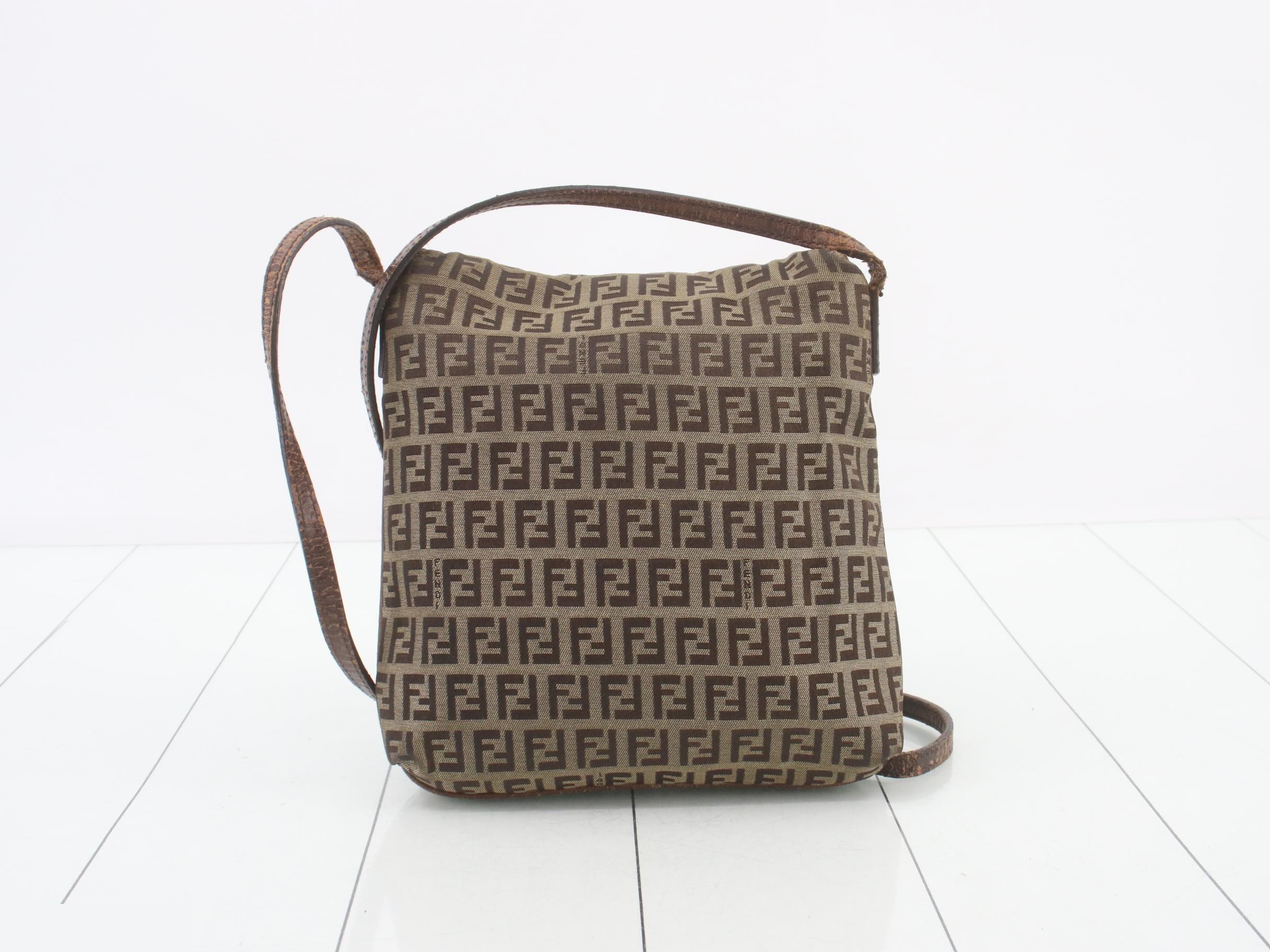 Zucchino pattern canvas and leather shoulder bag, brown tones — view 2