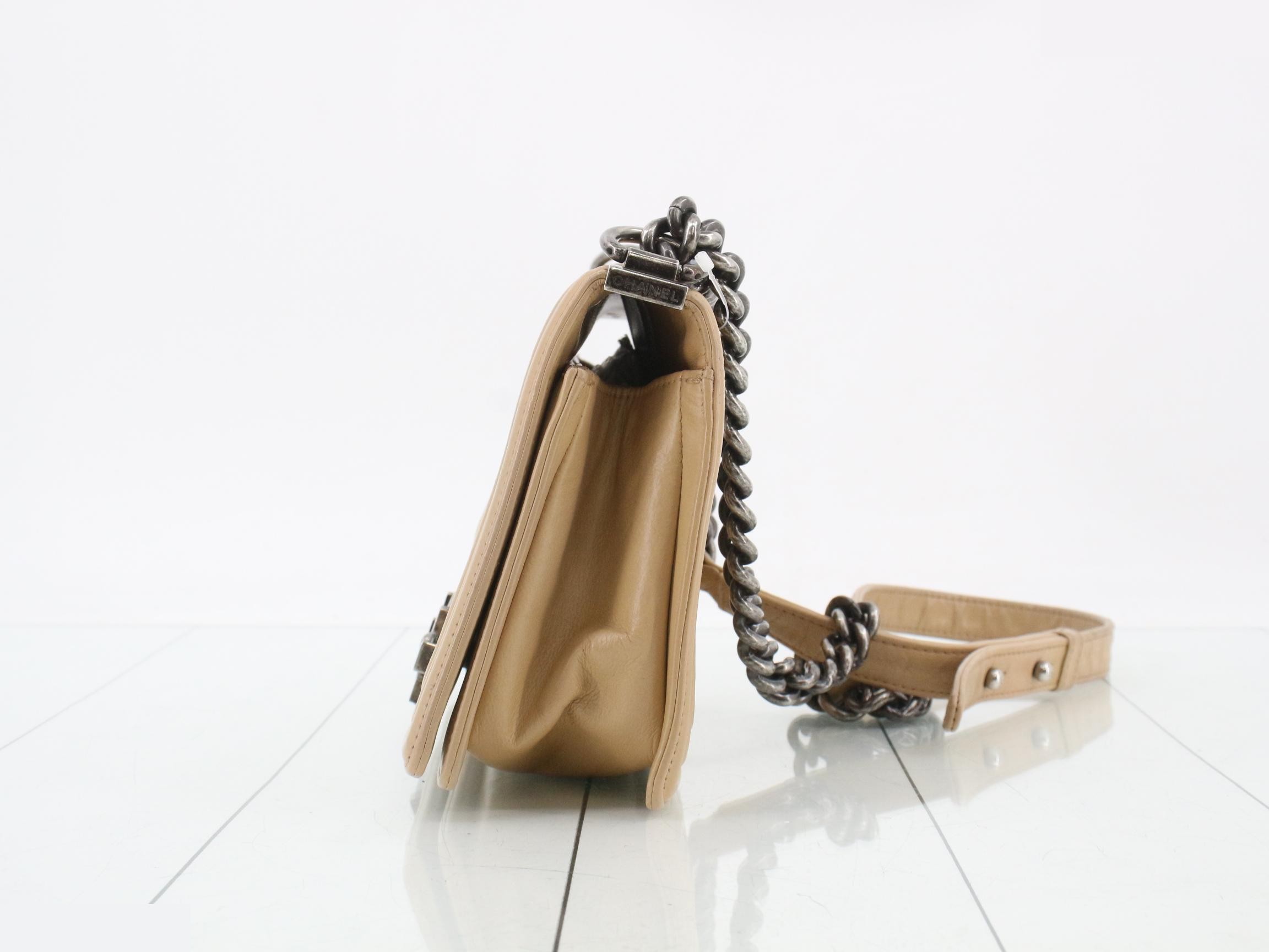 Boy Chanel Leather Chain Shoulder Bag, Beige — view 3