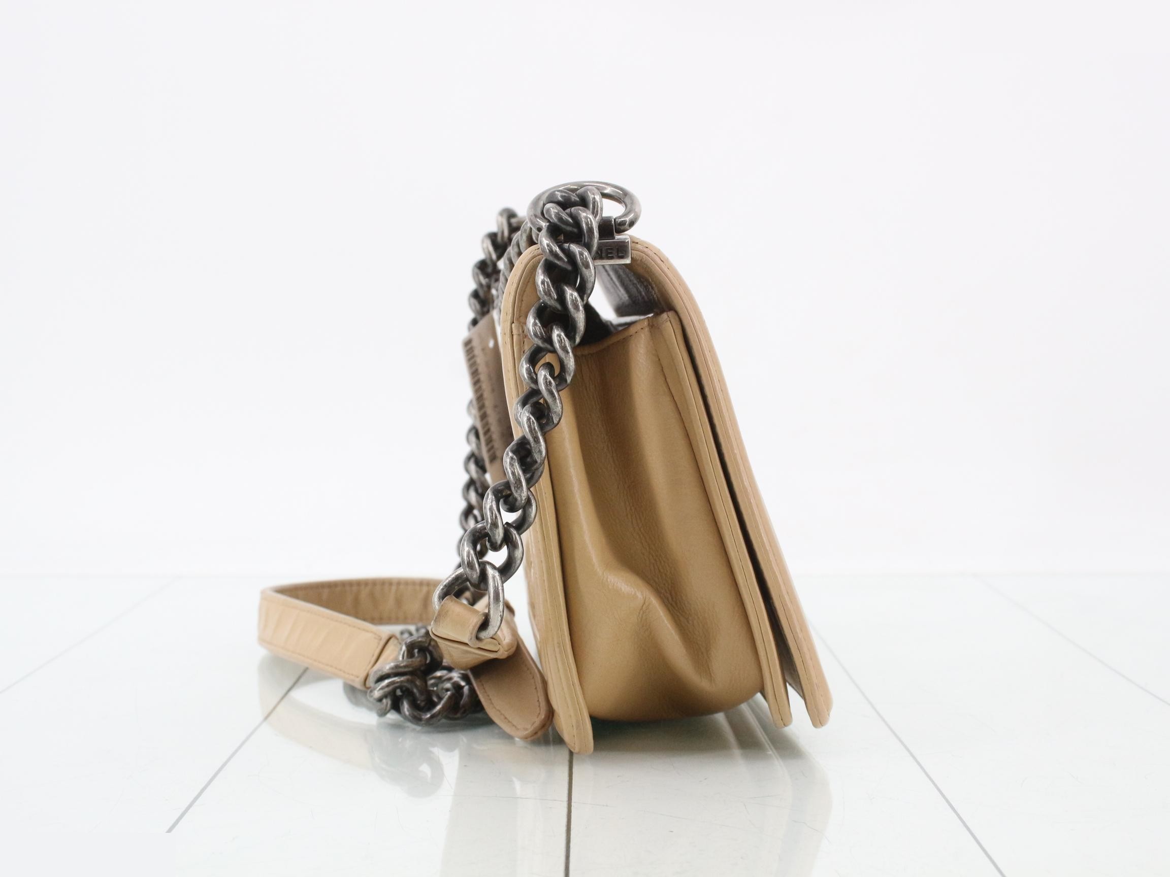 Boy Chanel Leather Chain Shoulder Bag, Beige — view 4