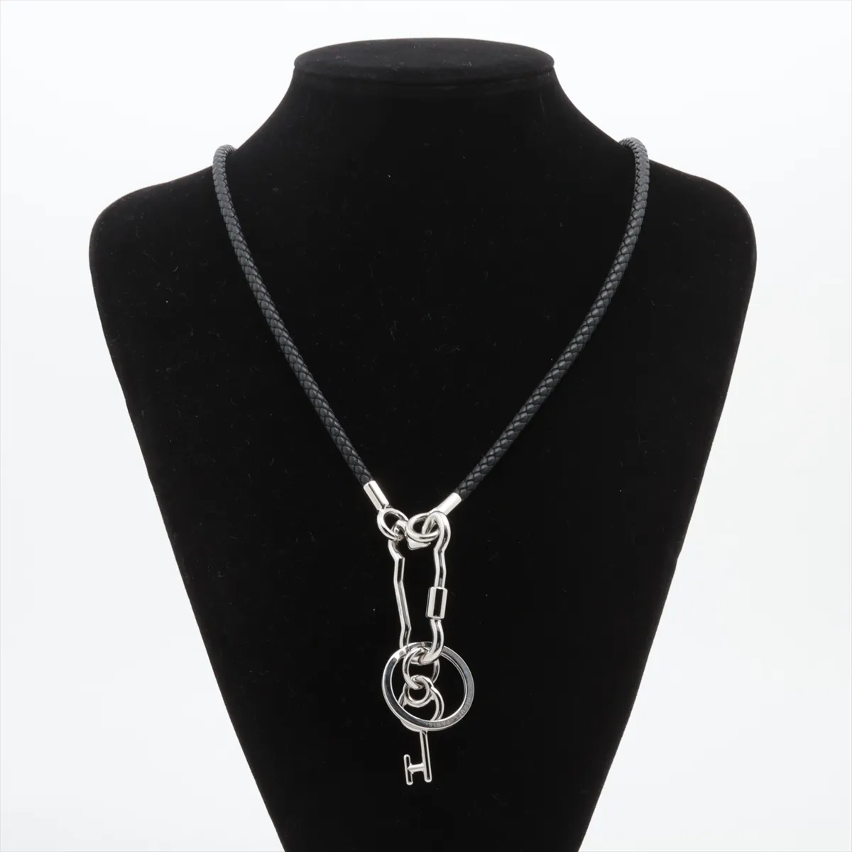 Clé Cheval Muscton Necklace, GP x Leather, Black x Silver. Shows signs of wear including — view 5
