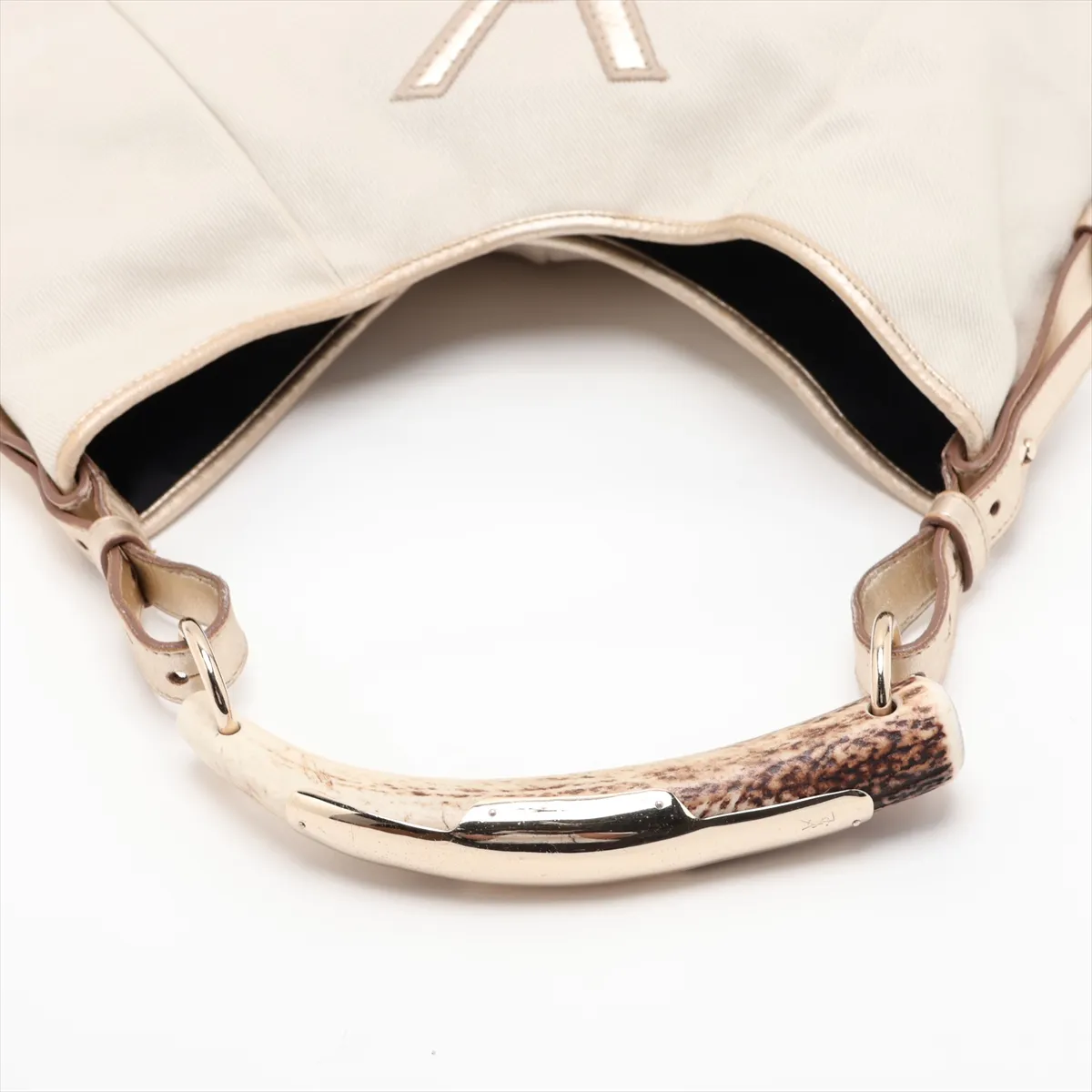 Mombasa Canvas x Leather Shoulder Bag, Beige x Gold, 135202 — view 5