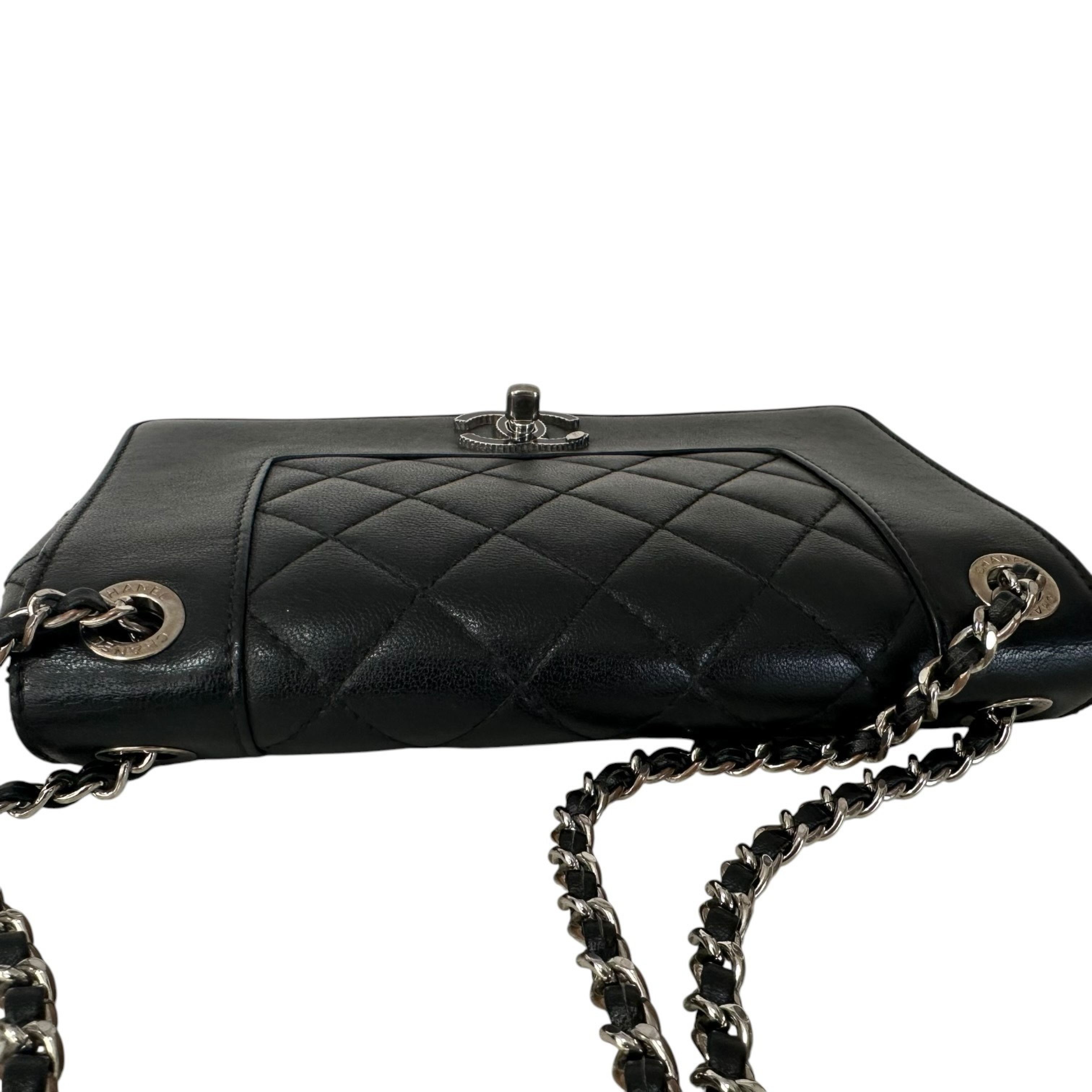 Matelassé Lambskin Single Flap Double Chain Shoulder Bag, Black with Silver Hardware, 23791544 — view 11