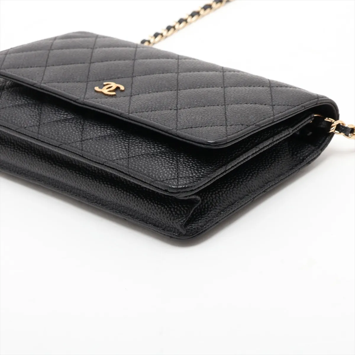 Matelassé Caviar Skin Chain Wallet, Black with Gold Hardware, 16924232, Serial Number 16 — view 3