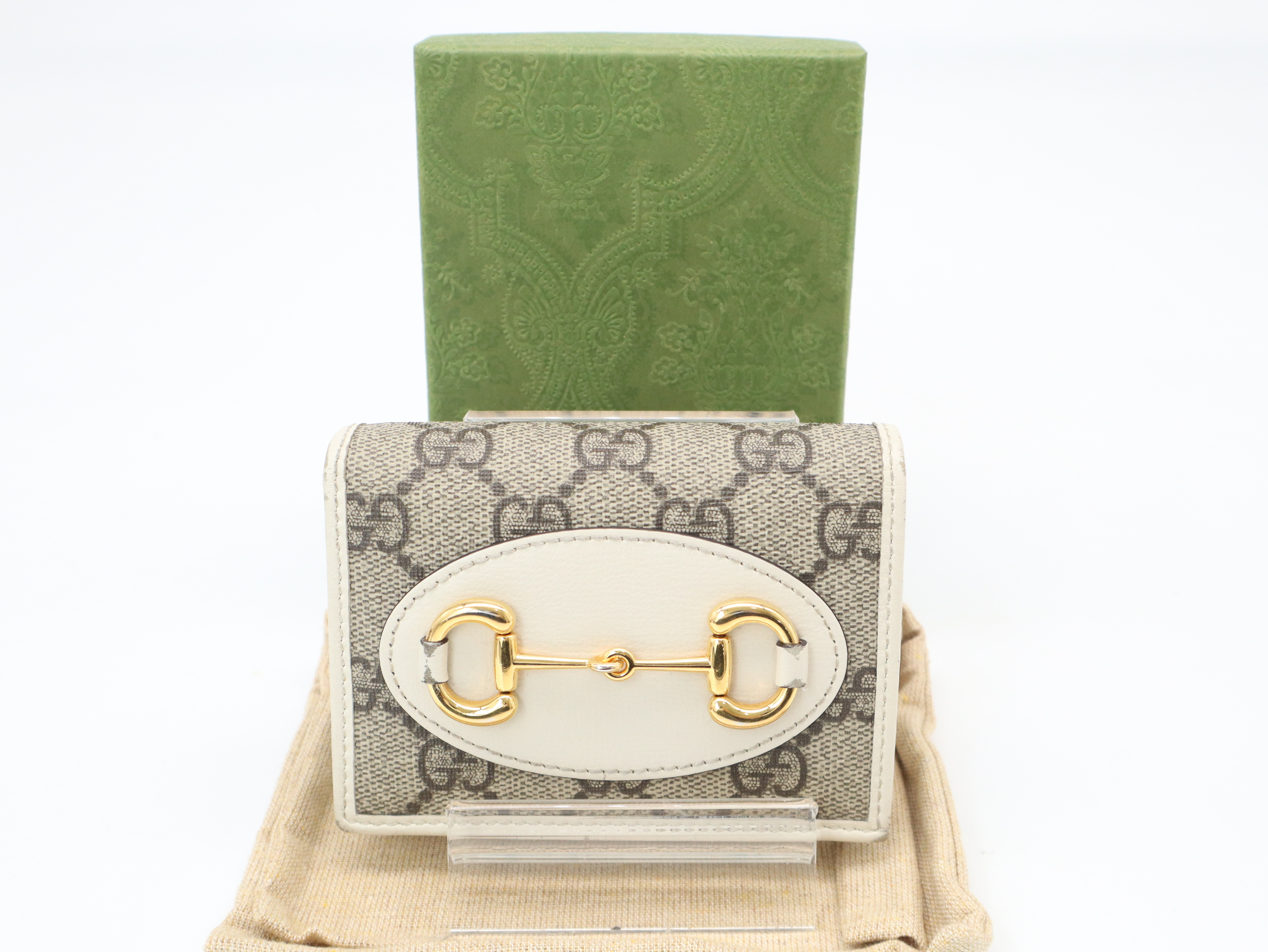 621887 Horsebit 1955 Compact Wallet, GG Supreme Canvas x Leather, Beige/Brown, with Box and Dust Bag.