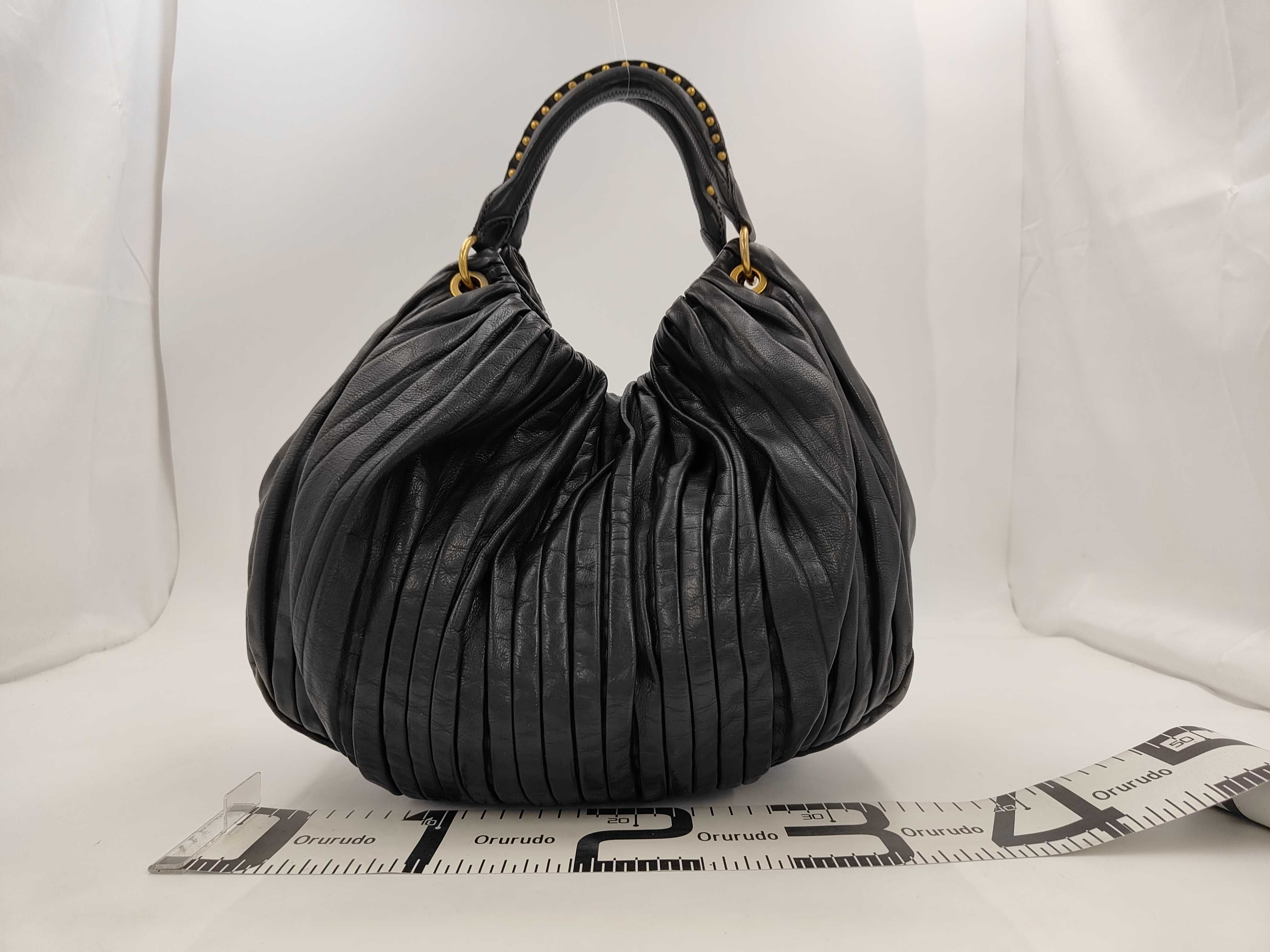 Gathered Studded Leather Black One-Shoulder Bag with Shoulder Strap — view 2