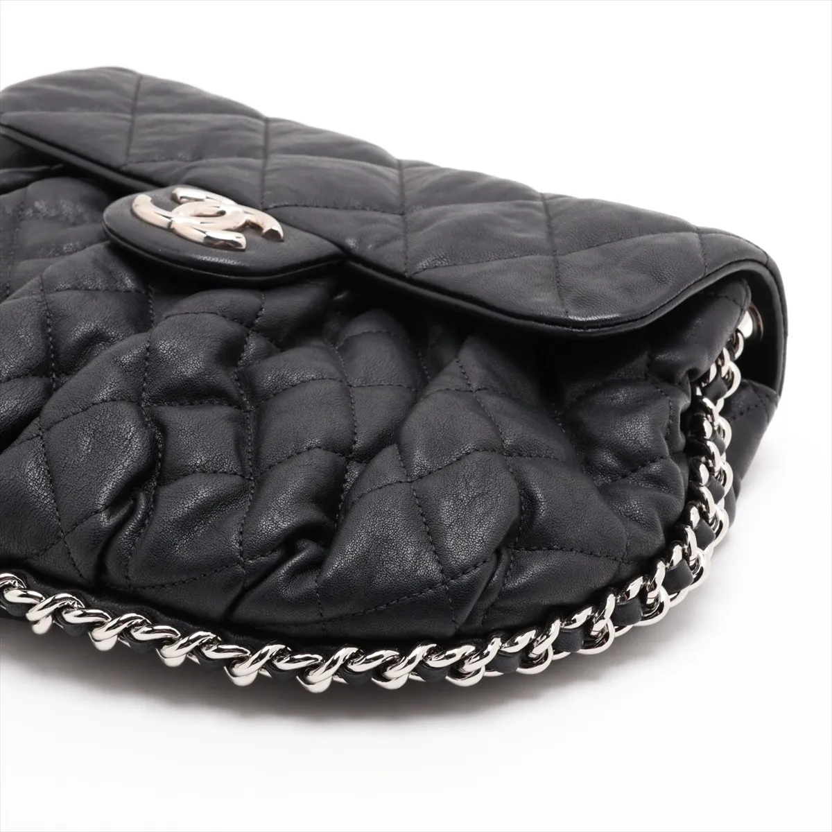 Matelassé Leather Chain Shoulder Bag, Black with Silver Hardware, 16591008, Serial Number 16 — view 3