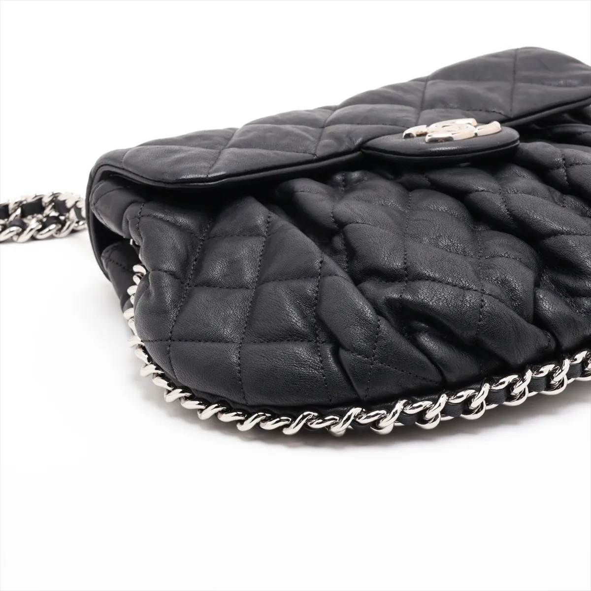 Matelassé Leather Chain Shoulder Bag, Black with Silver Hardware, 16591008, Serial Number 16 — view 4