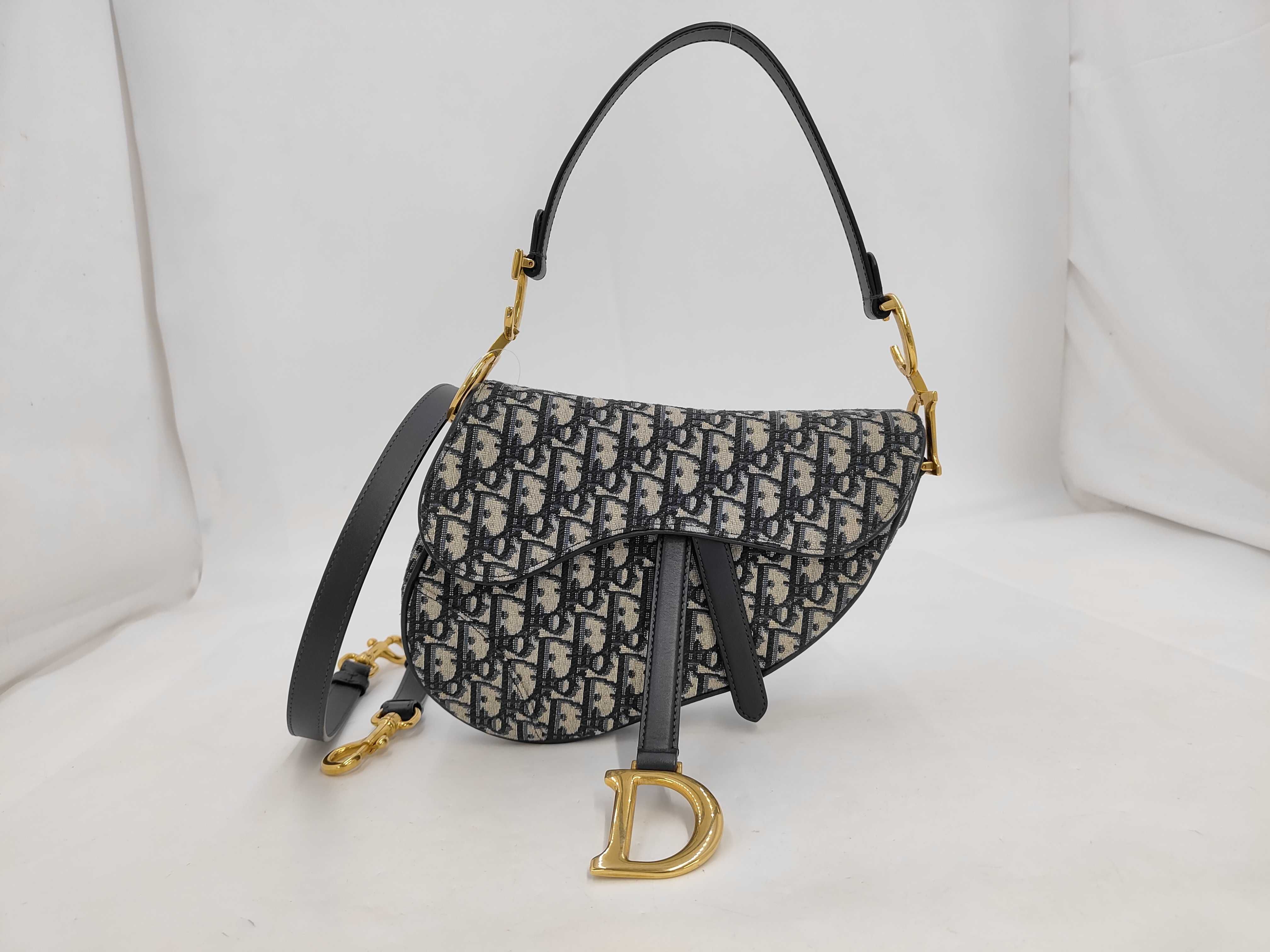 Saddle 2-Way Shoulder Bag, Medium, Navy Canvas, Gold Hardware.