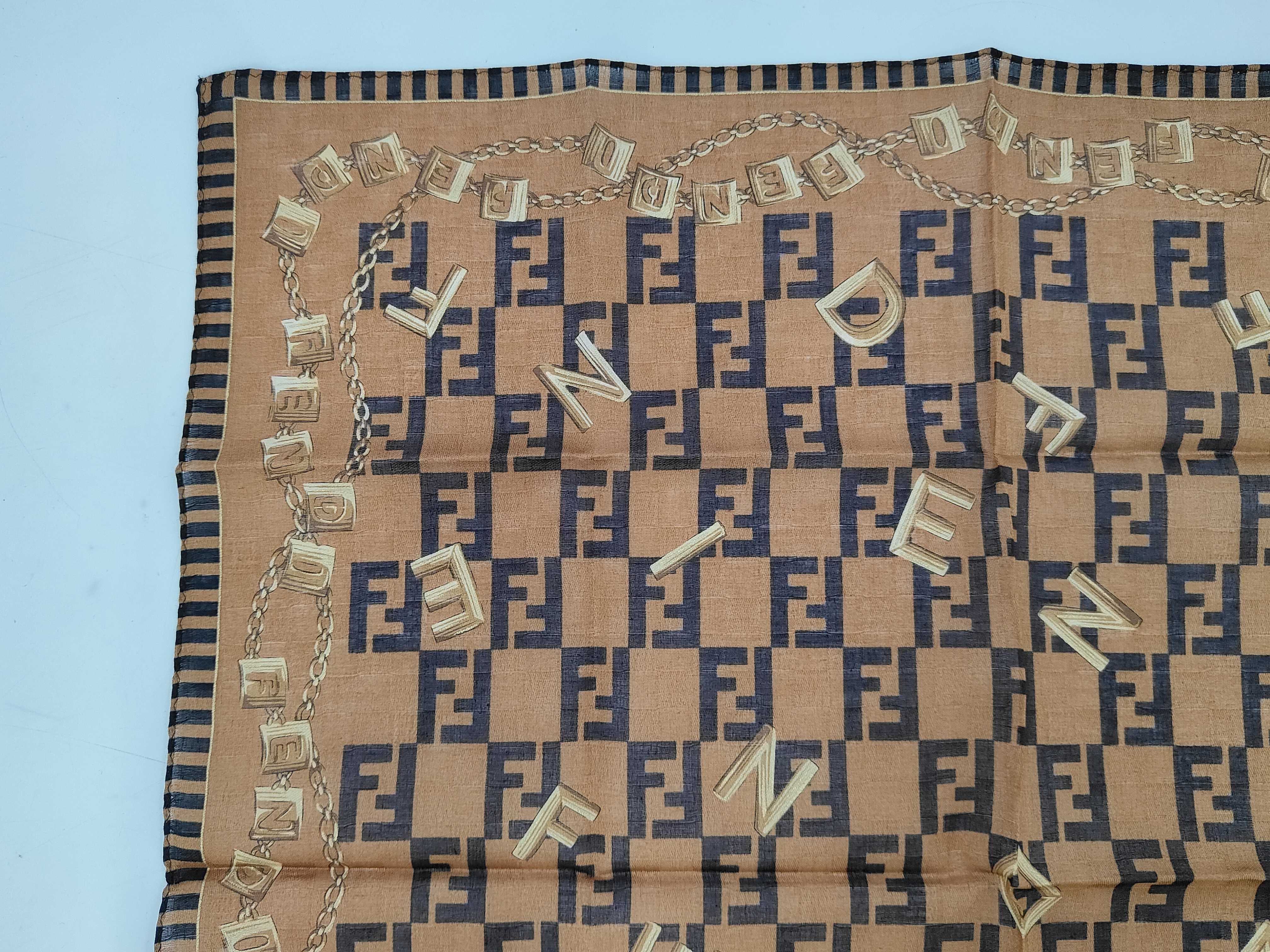 handkerchief scarf with sticker, FF Zucca pattern, chain, brown, other accessories. — view 3