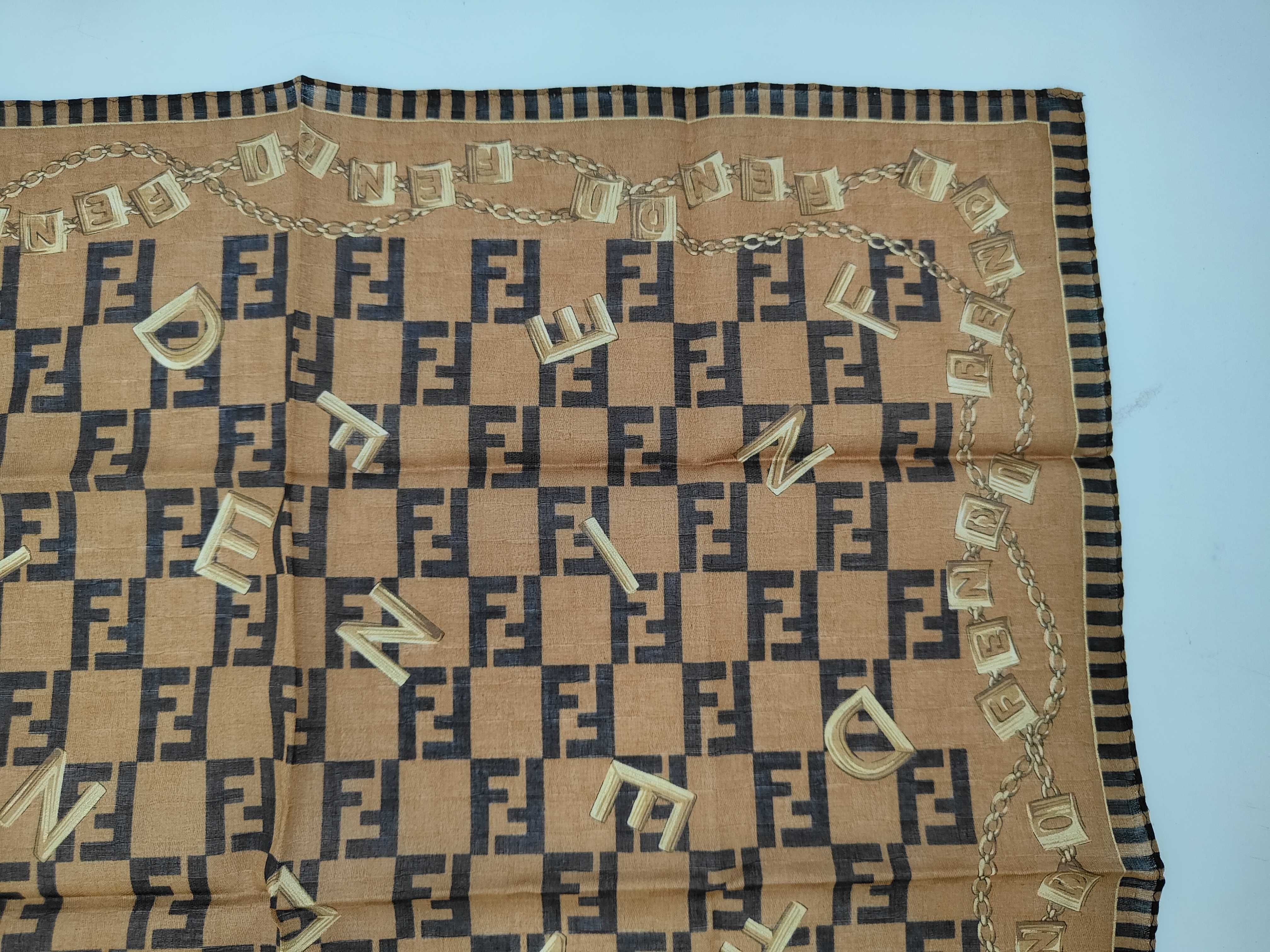 handkerchief scarf with sticker, FF Zucca pattern, chain, brown, other accessories. — view 4