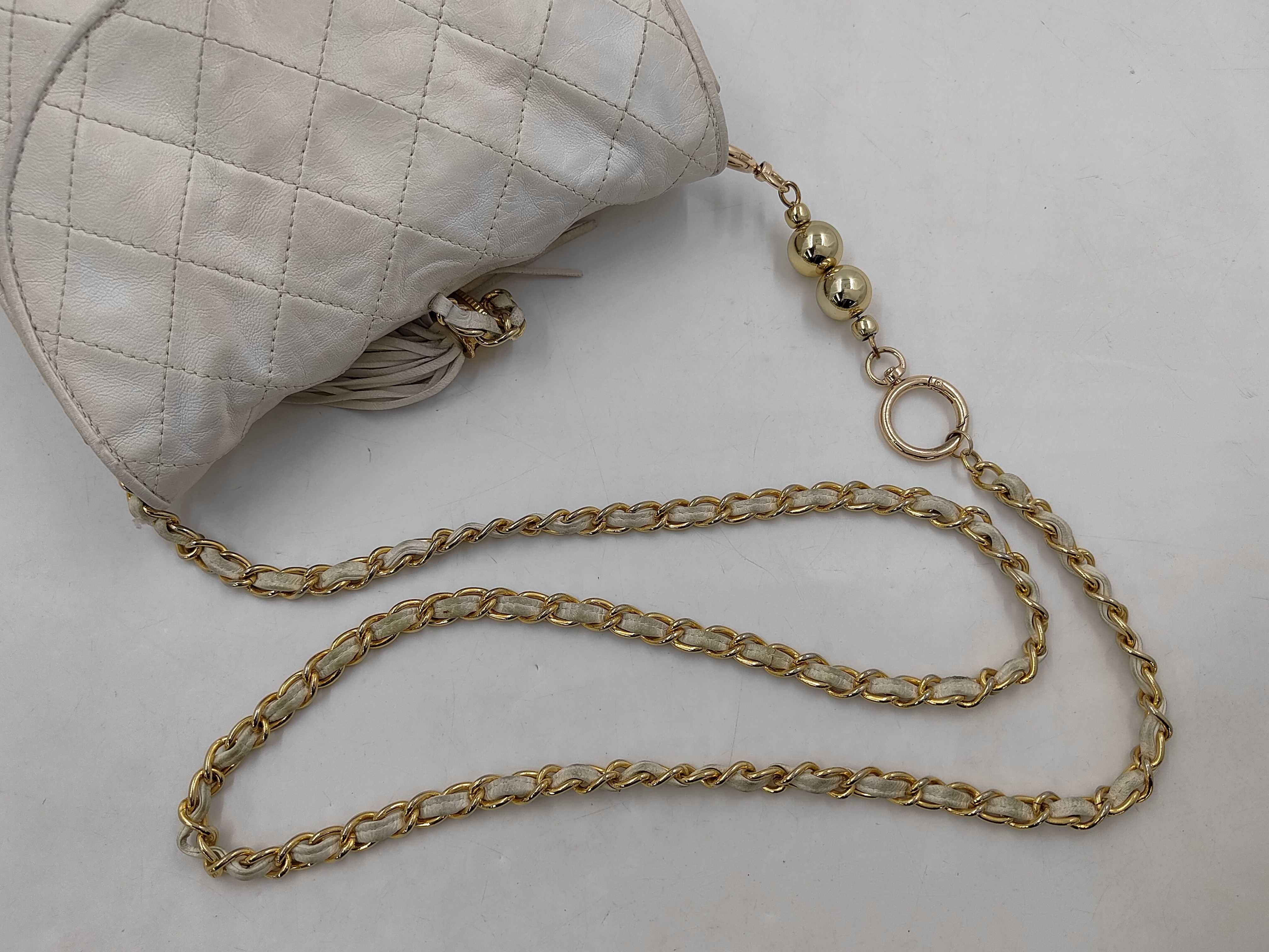 Matelassé Chain Shoulder Bag with Fringe, White Shoulder Bag — view 3