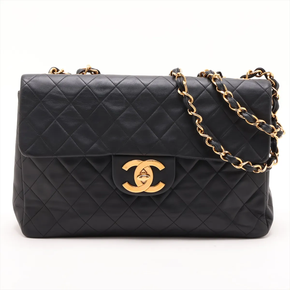 Large Matelassé 34 Maxi Lambskin Single Flap Double Chain Bag, Black with Gold Hardware, 2585359, Series 3