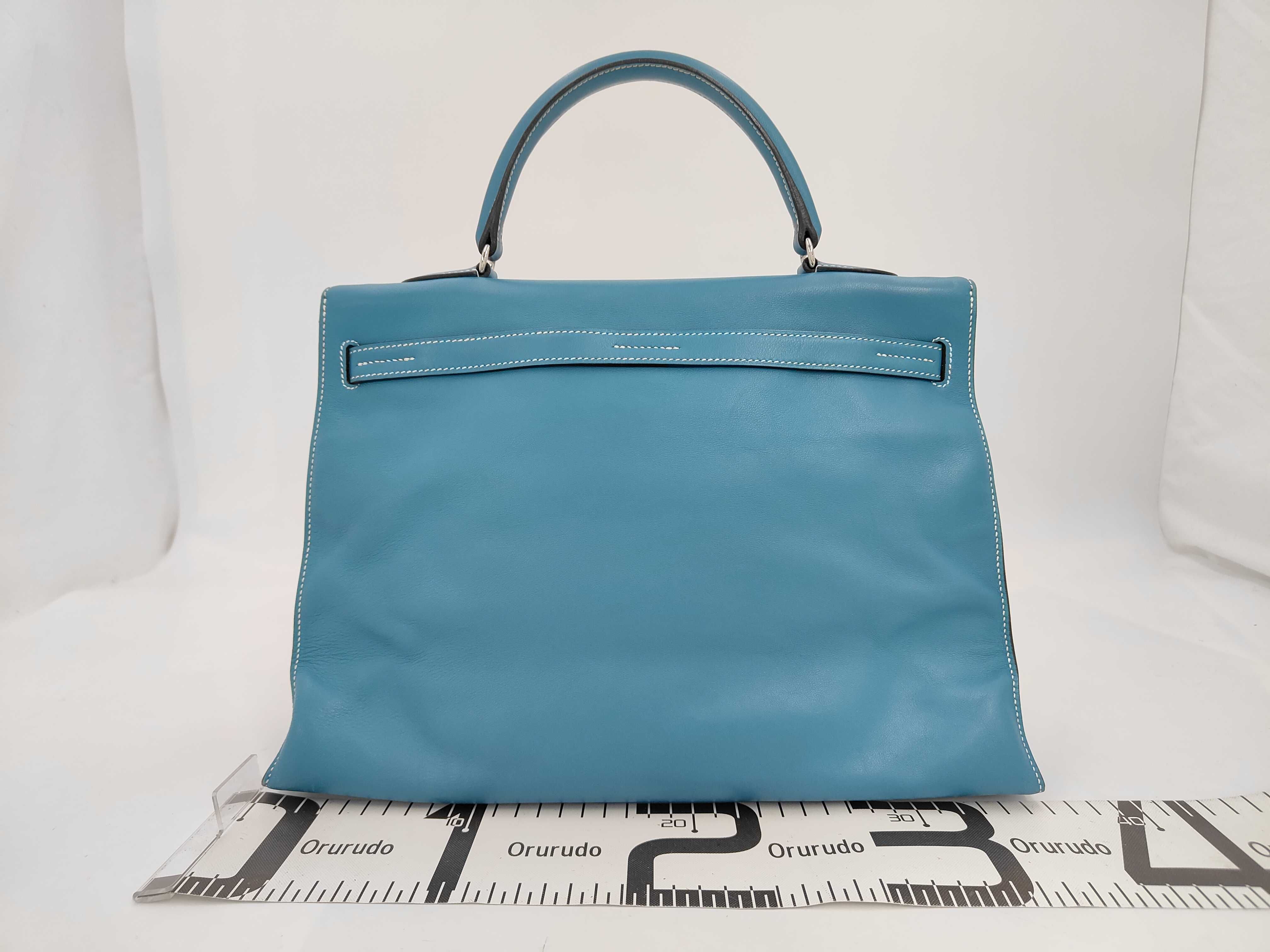 Kelly Flat 35, Veau Swift leather, Turquoise, Stainless Steel, K stamp, Handbag — view 2