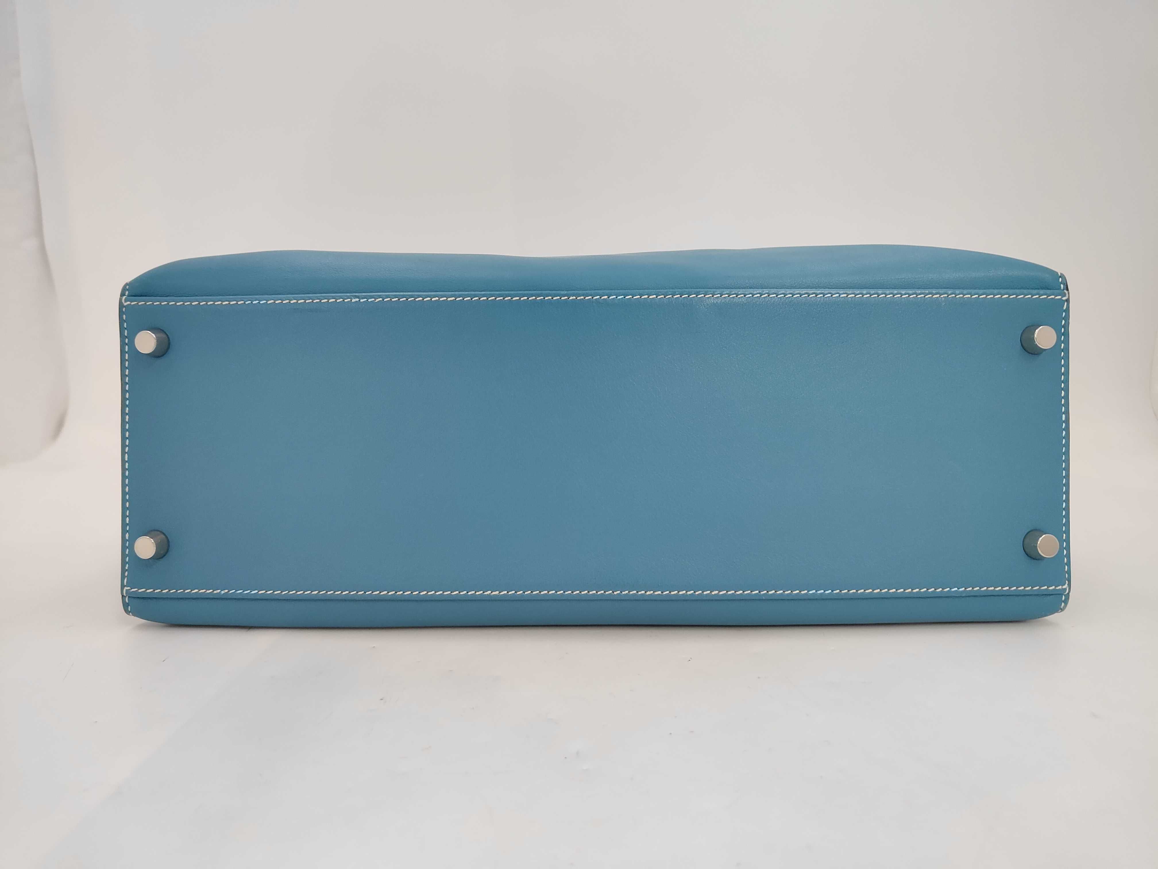 Kelly Flat 35, Veau Swift leather, Turquoise, Stainless Steel, K stamp, Handbag — view 6