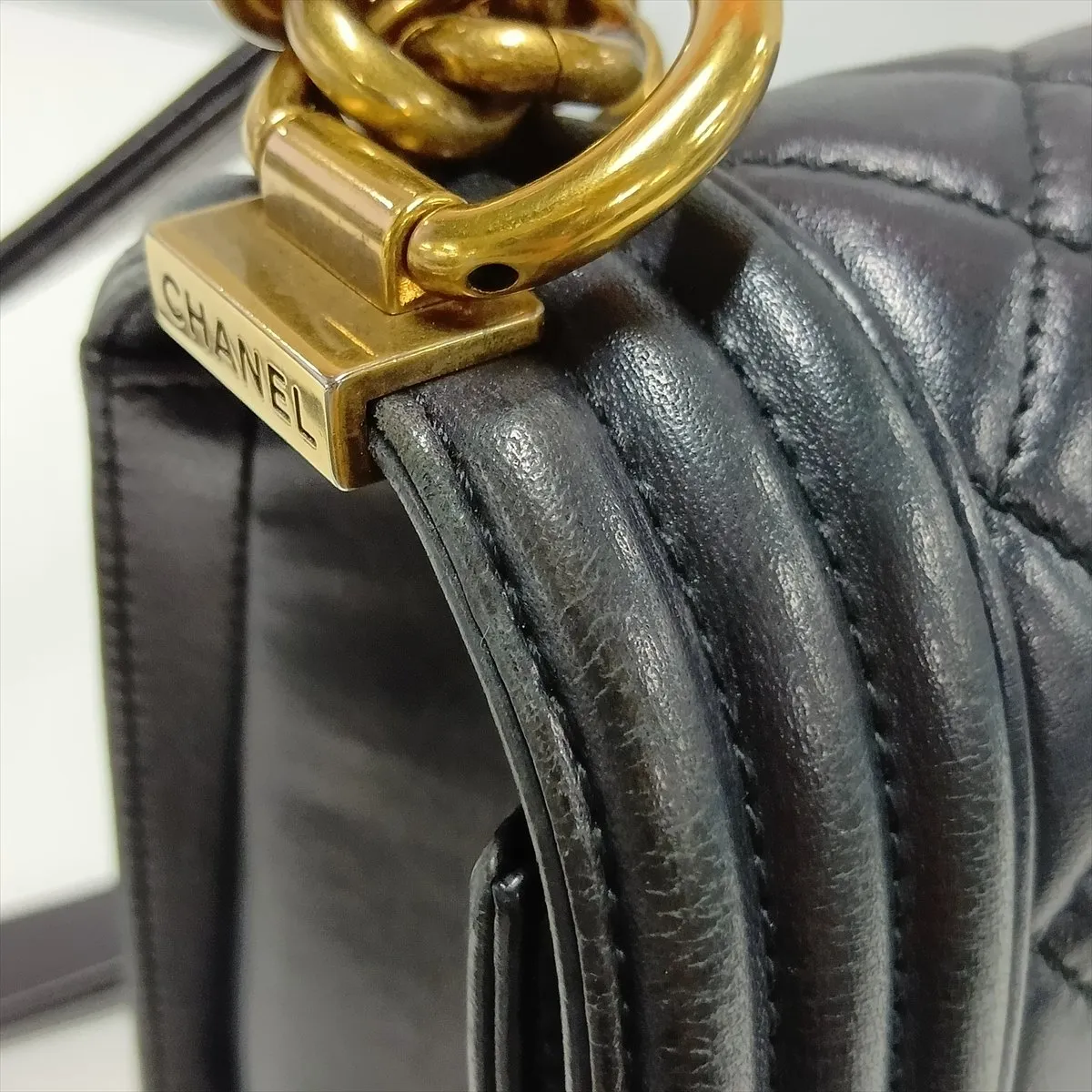 Boy Chanel 25 Lambskin Chain Shoulder Bag, Navy, Gold Hardware, 19851357, Serial Number 19-series, A67086 — view 11