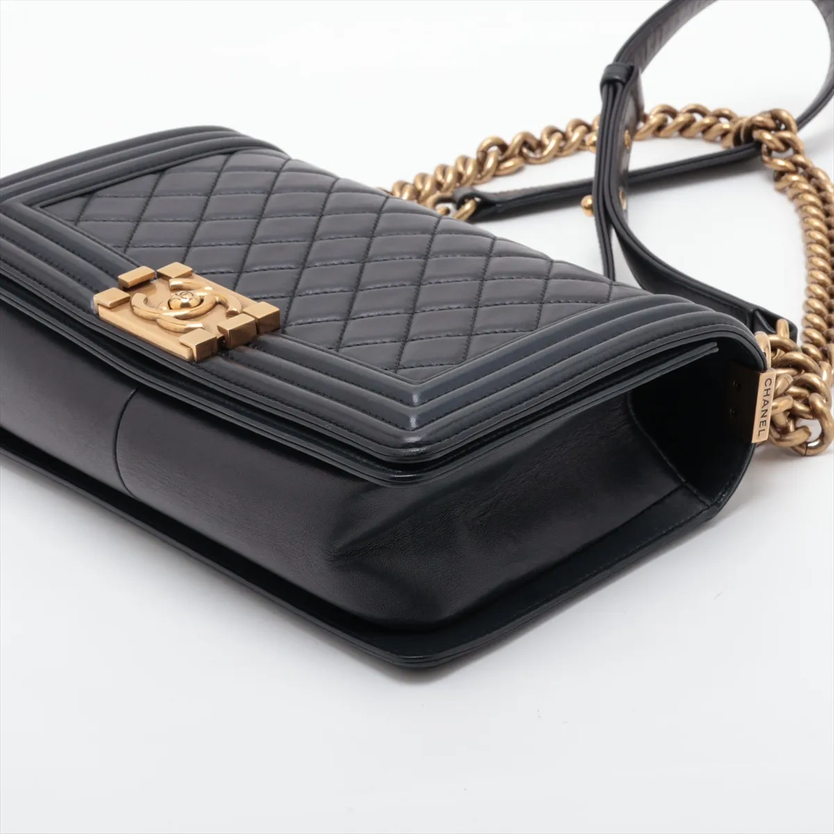 Boy Chanel 25 Lambskin Chain Shoulder Bag, Navy, Gold Hardware, 19851357, Serial Number 19-series, A67086 — view 3