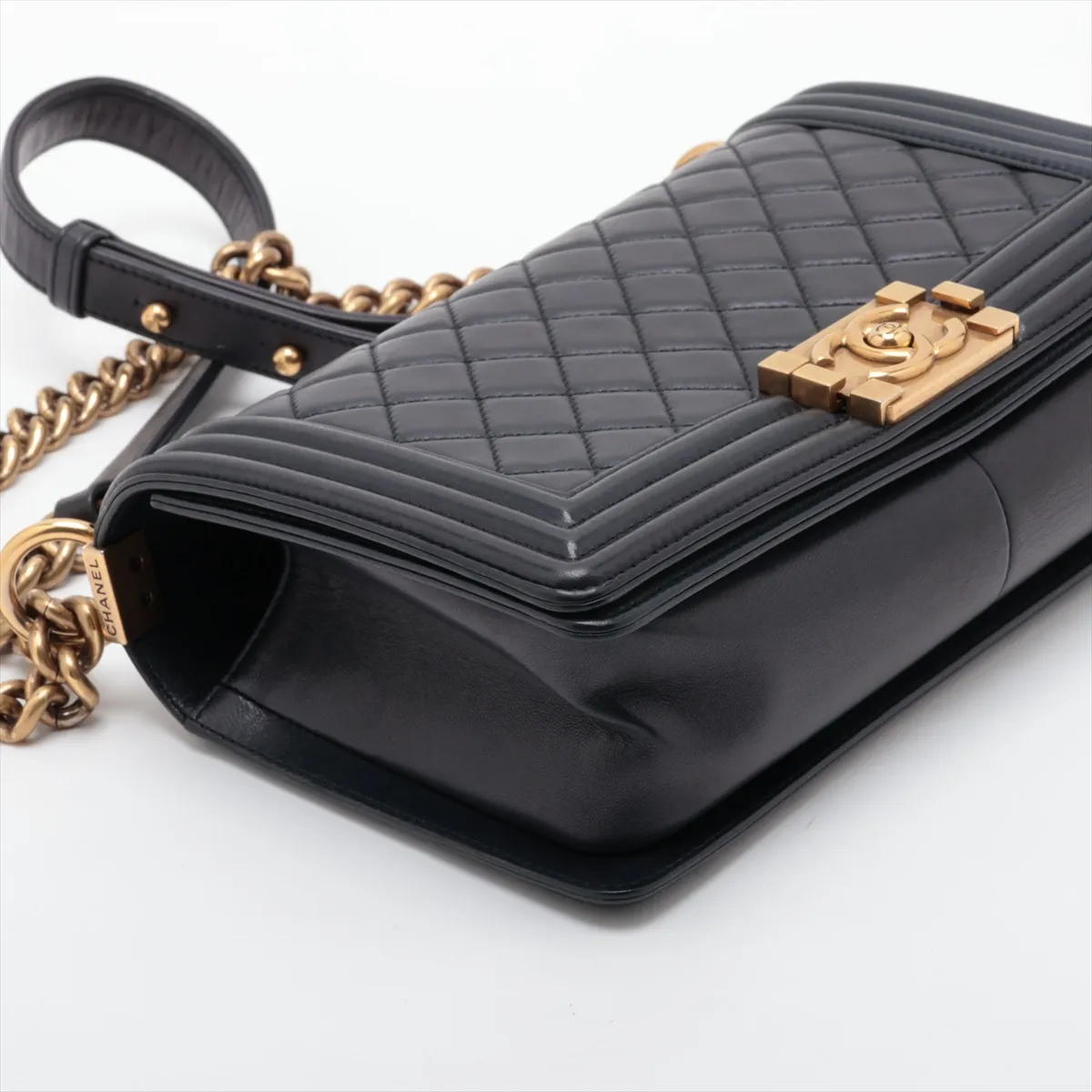 Boy Chanel 25 Lambskin Chain Shoulder Bag, Navy, Gold Hardware, 19851357, Serial Number 19-series, A67086 — view 4