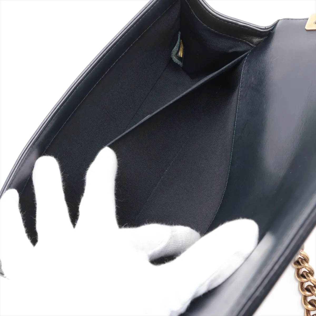 Boy Chanel 25 Lambskin Chain Shoulder Bag, Navy, Gold Hardware, 19851357, Serial Number 19-series, A67086 — view 8