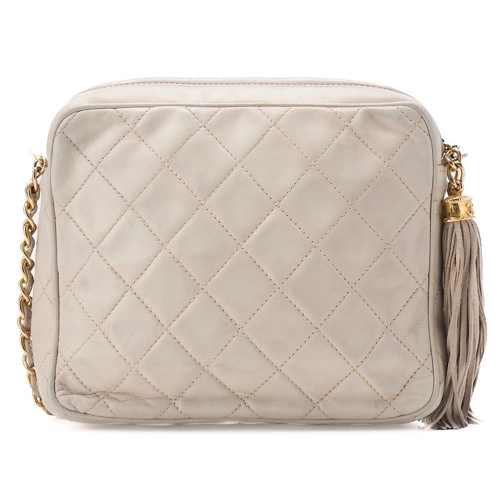 Lambskin Matelassé Chain Shoulder Bag with Coco Mark and Fringe, White — view 2