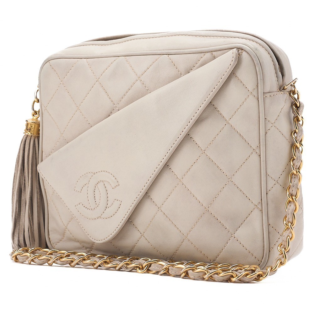 Lambskin Matelassé Chain Shoulder Bag with Coco Mark and Fringe, White — view 3