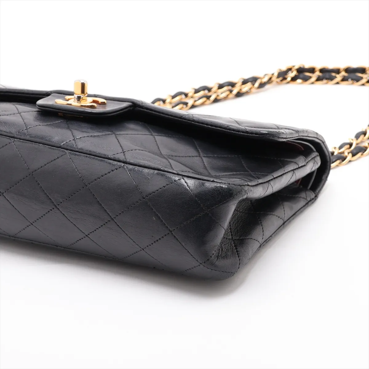 Matelassé 25 Lambskin Double Flap Double Chain Bag, Black with Gold Hardware, A01112 — view 3