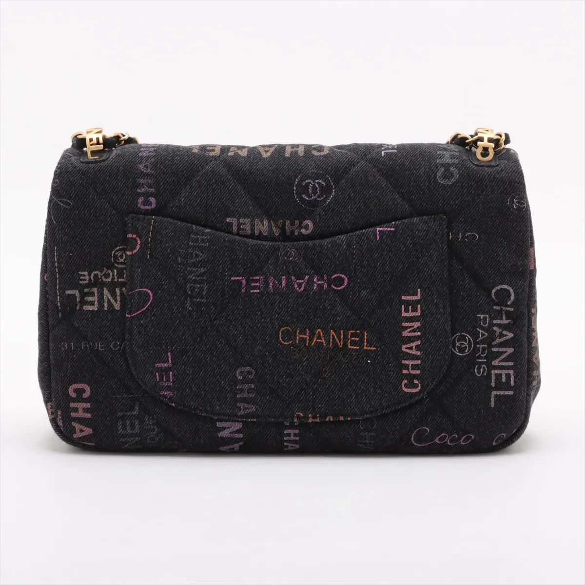 Matelasse Denim x Leather Chain Shoulder Bag Logo Black Gold Hardware JN0G5U7K Random Plate — view 2