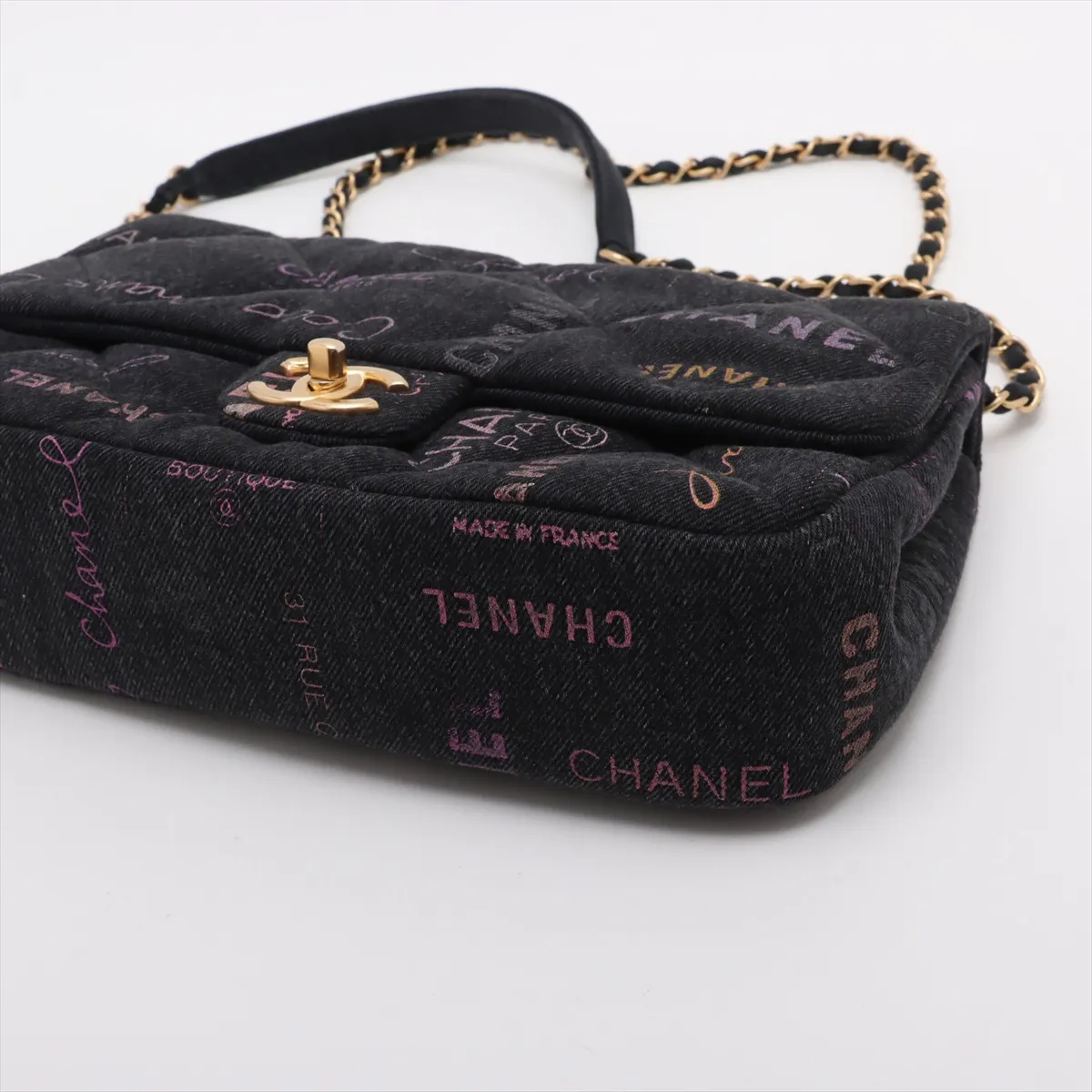 Matelasse Denim x Leather Chain Shoulder Bag Logo Black Gold Hardware JN0G5U7K Random Plate — view 3