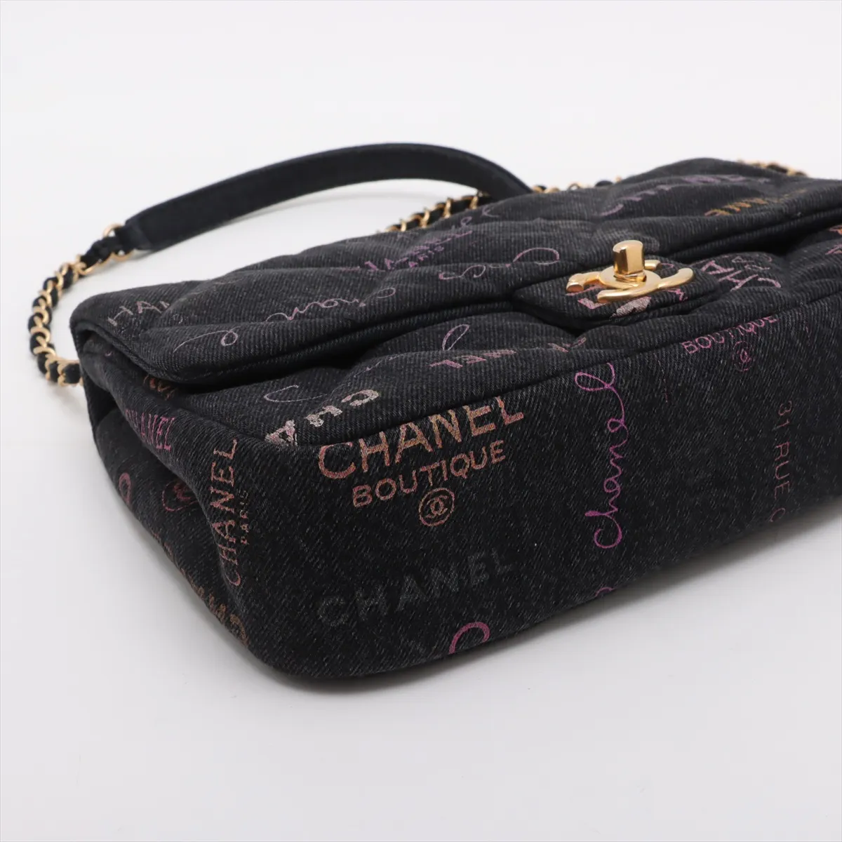 Matelasse Denim x Leather Chain Shoulder Bag Logo Black Gold Hardware JN0G5U7K Random Plate — view 4