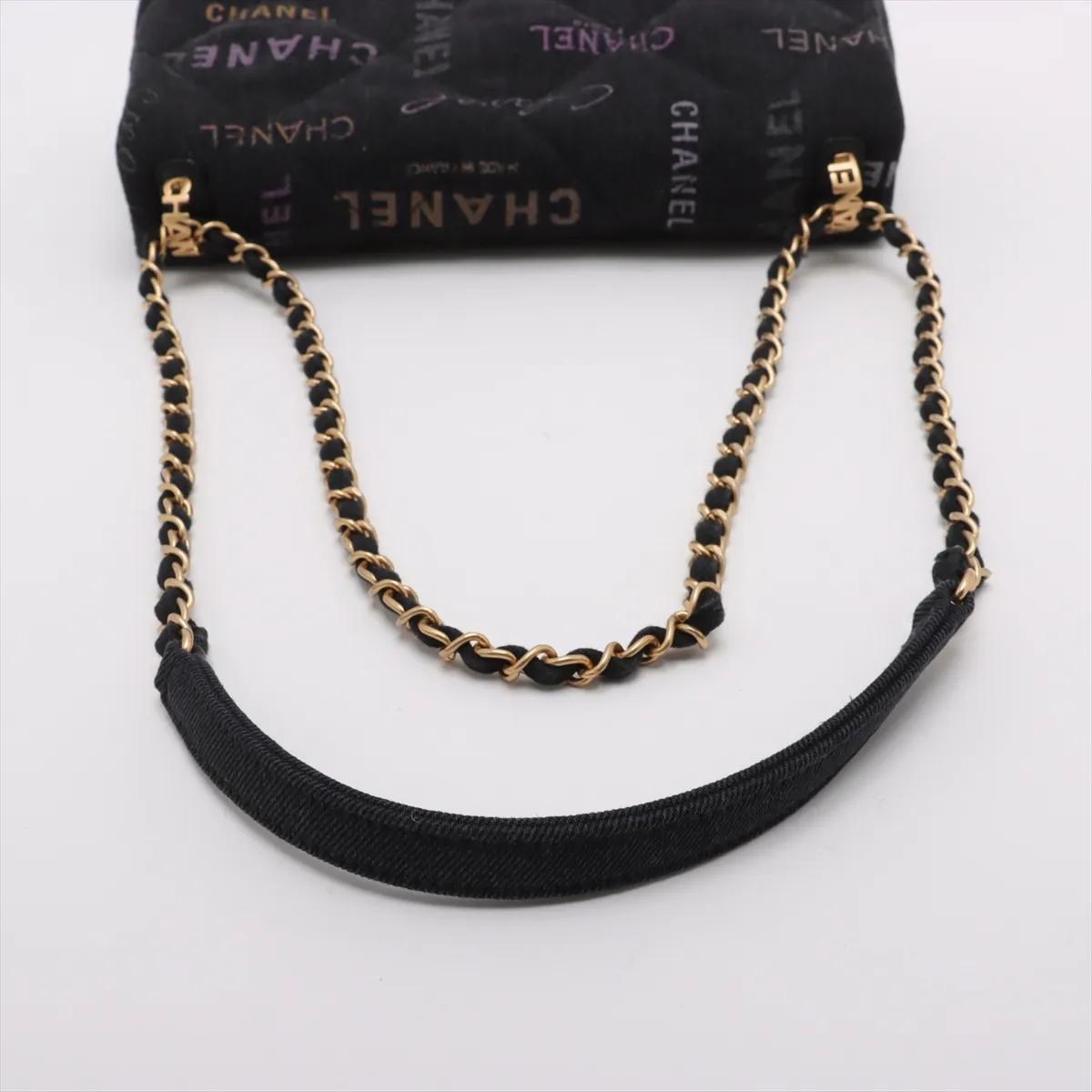 Matelasse Denim x Leather Chain Shoulder Bag Logo Black Gold Hardware JN0G5U7K Random Plate — view 5