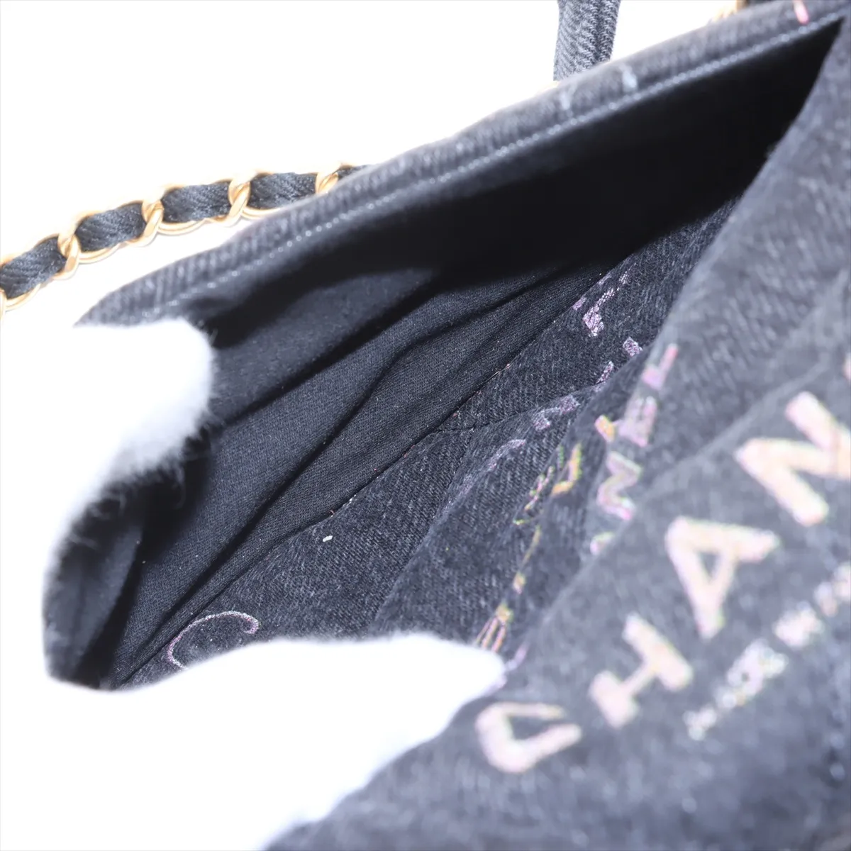 Matelasse Denim x Leather Chain Shoulder Bag Logo Black Gold Hardware JN0G5U7K Random Plate — view 9