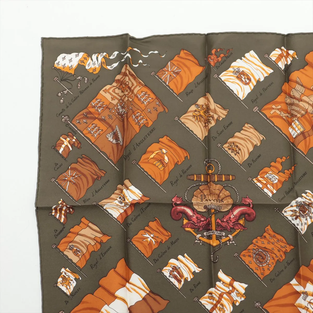 Carre 45 PAVOIS Ship Flag Scarf, Silk, Khaki, Slight wear and — view 2