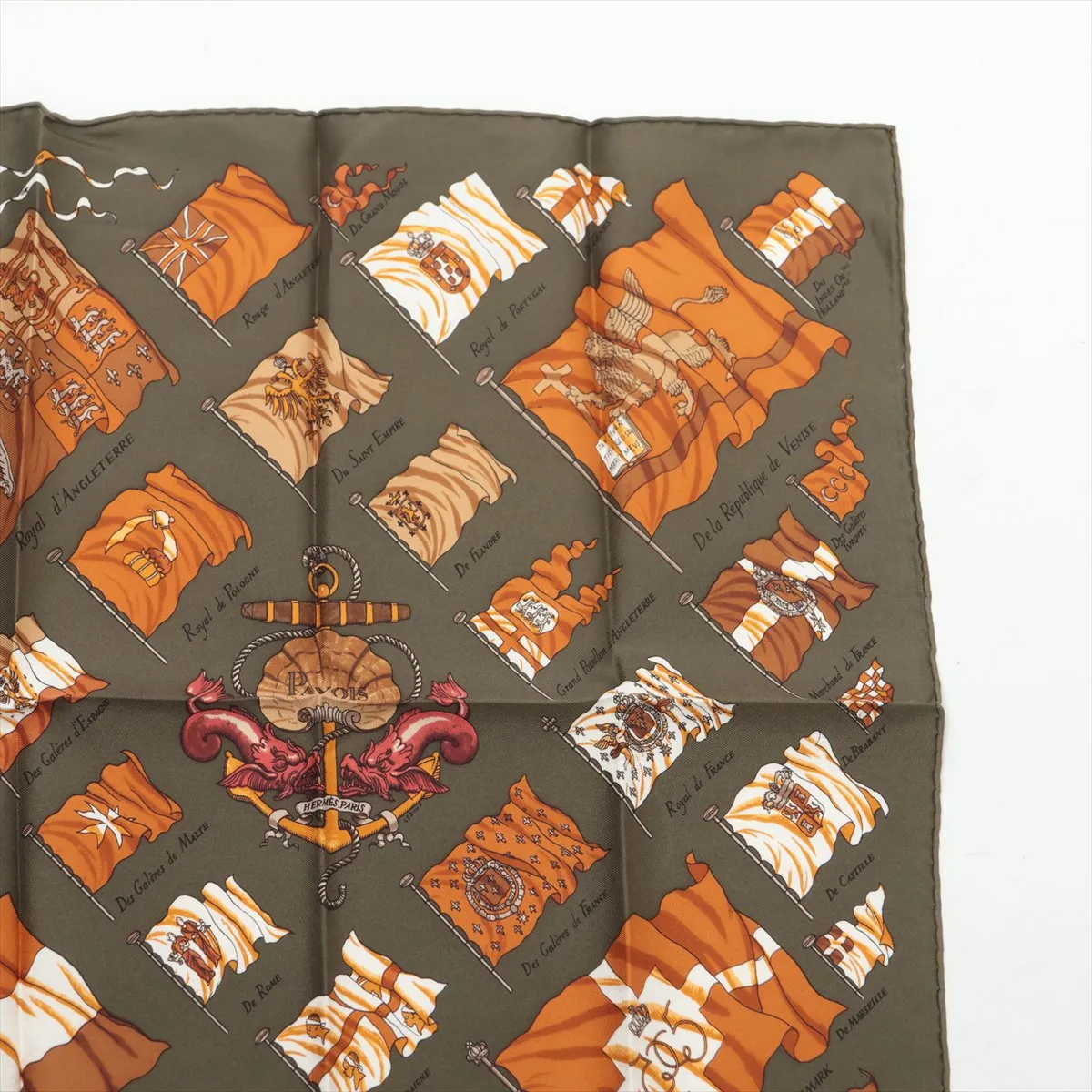 Carre 45 PAVOIS Ship Flag Scarf, Silk, Khaki, Slight wear and — view 3
