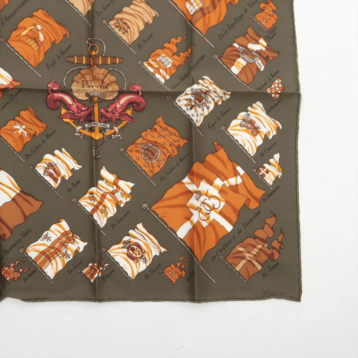 Carre 45 PAVOIS Ship Flag Scarf, Silk, Khaki, Slight wear and — view 4