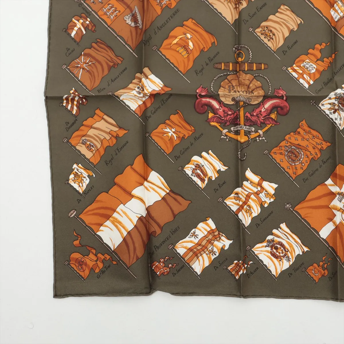 Carre 45 PAVOIS Ship Flag Scarf, Silk, Khaki, Slight wear and — view 5