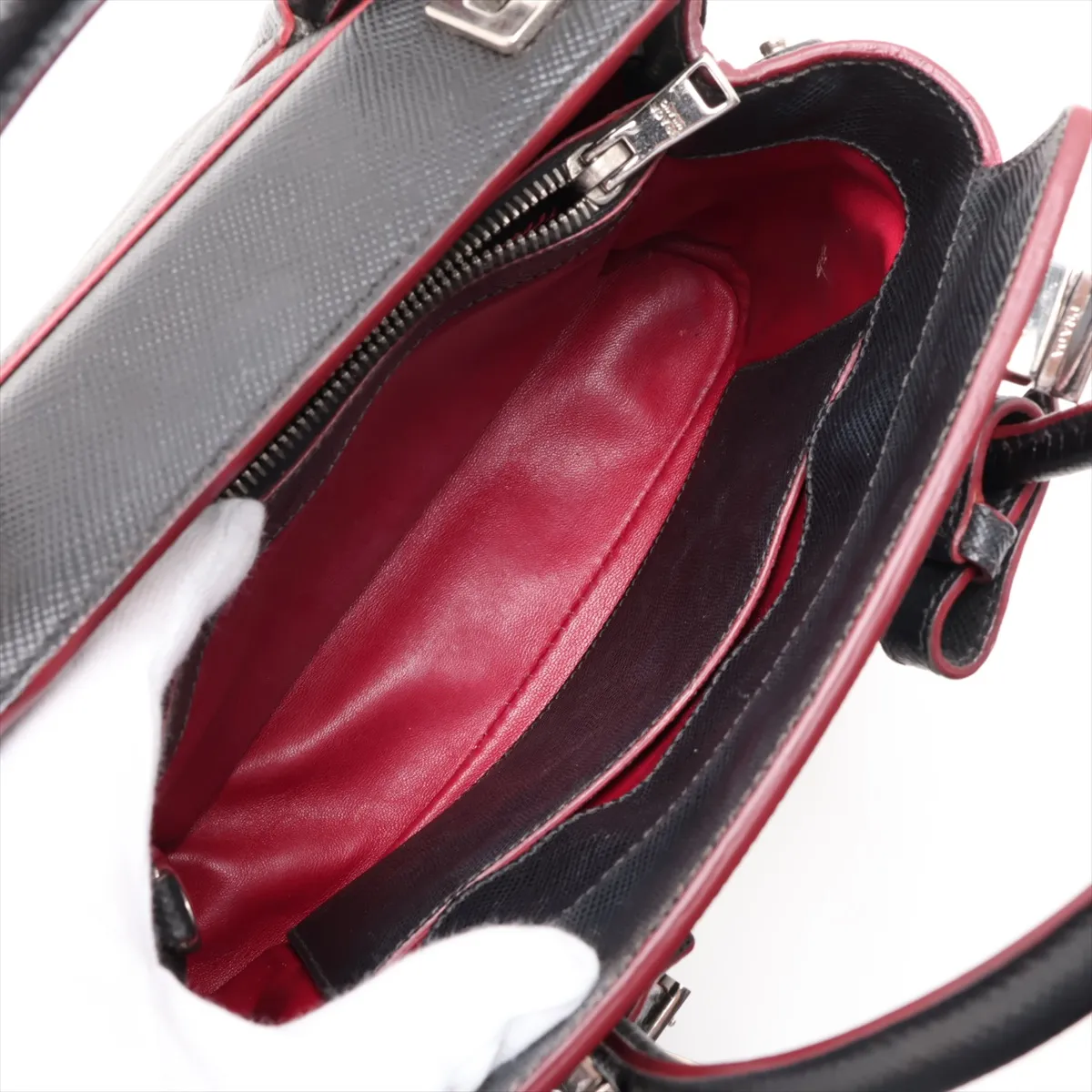 Saffiano Leather 2-Way Handbag, Black x Red — view 8