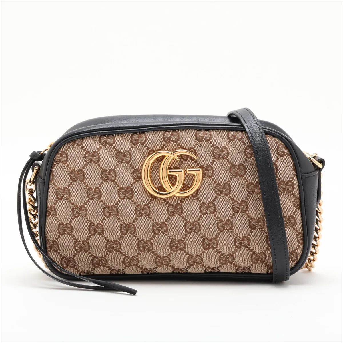 GG Marmont 447632 Canvas x Leather Chain Shoulder Bag Beige x Black