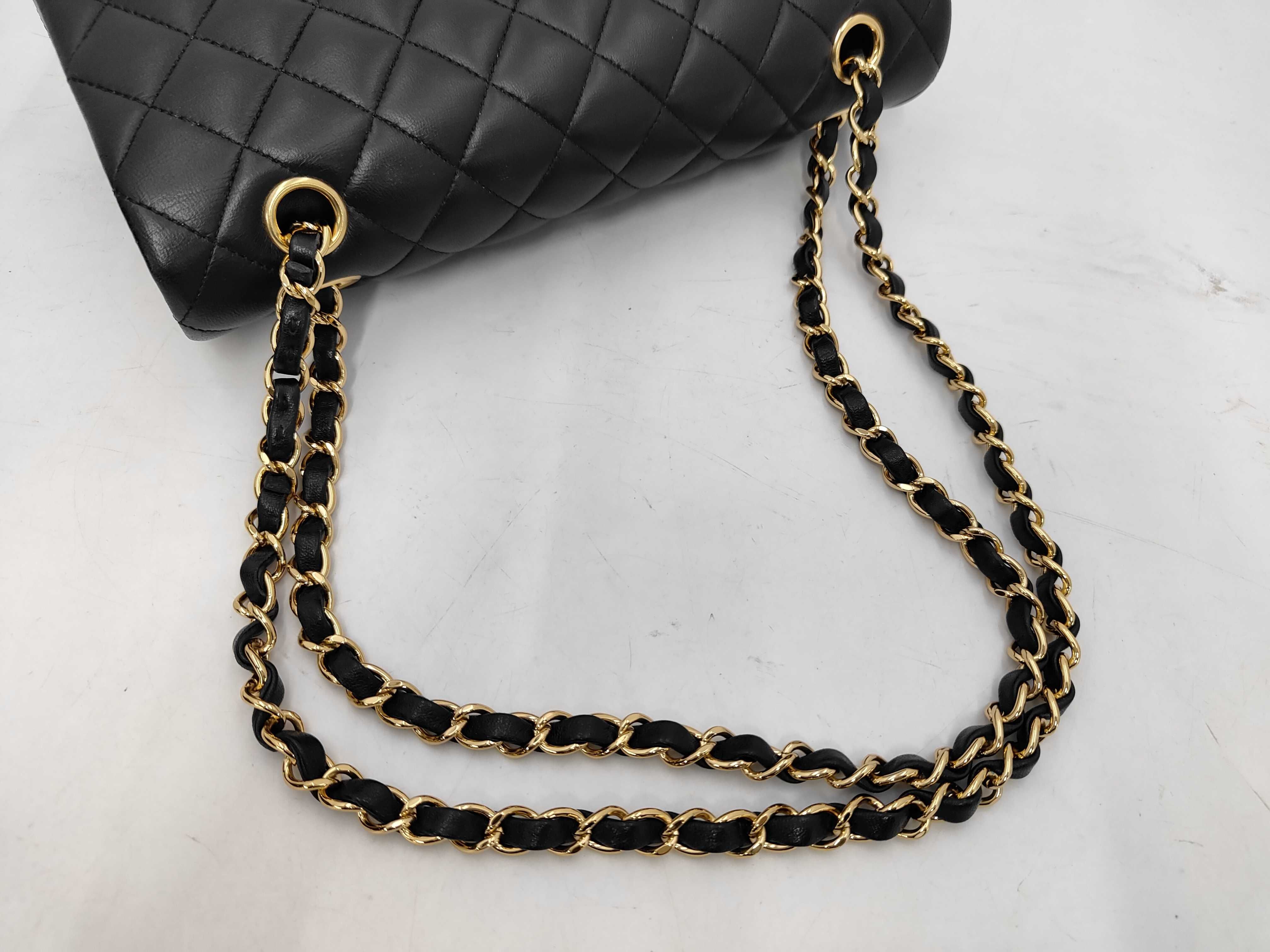 Matelassé Double Flap Chain Shoulder Bag, Black Lambskin, Gold Hardware. — view 3