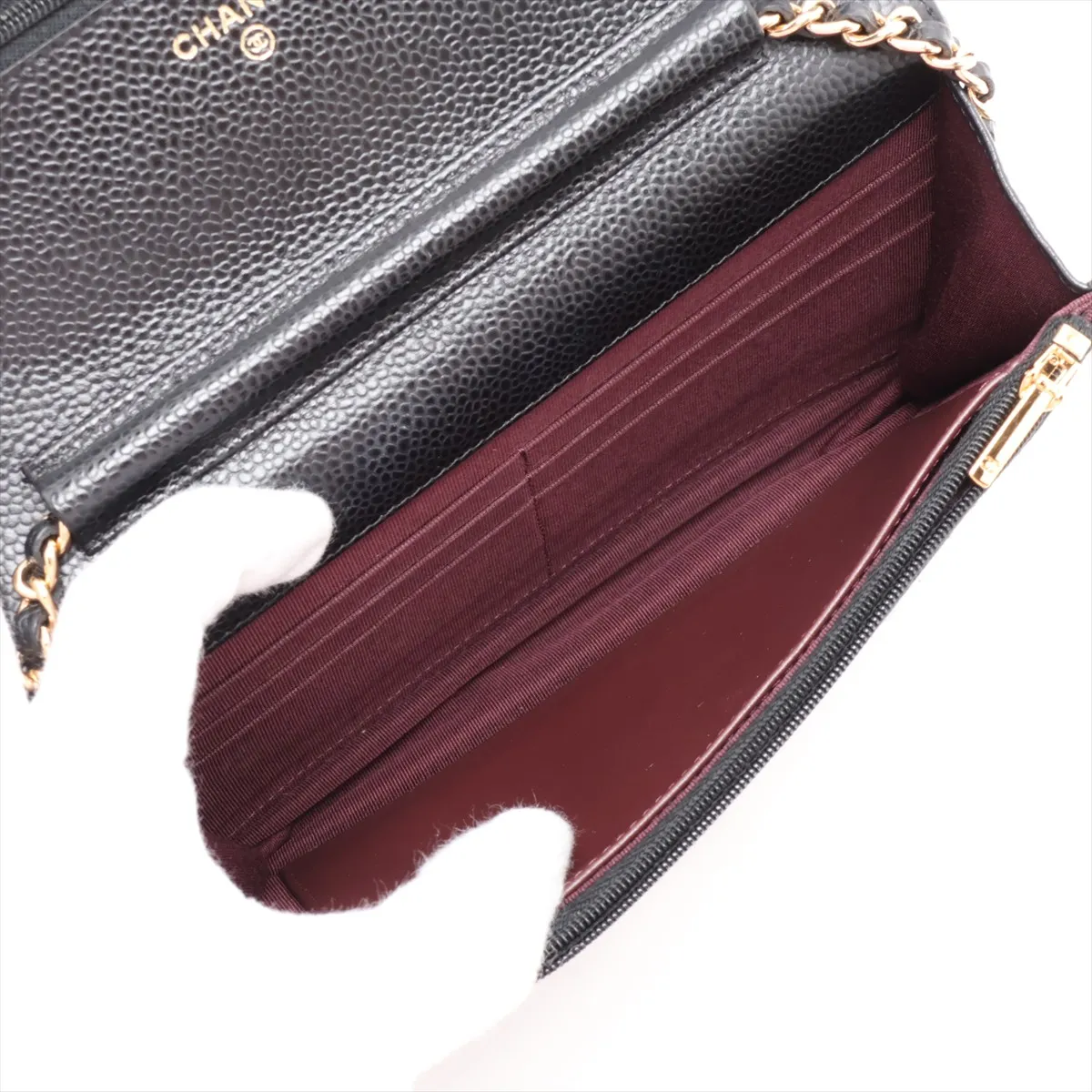 Matelassé Caviar Skin Chain Wallet, Black with Gold Hardware, 29147579, Serial Number 29 — view 6