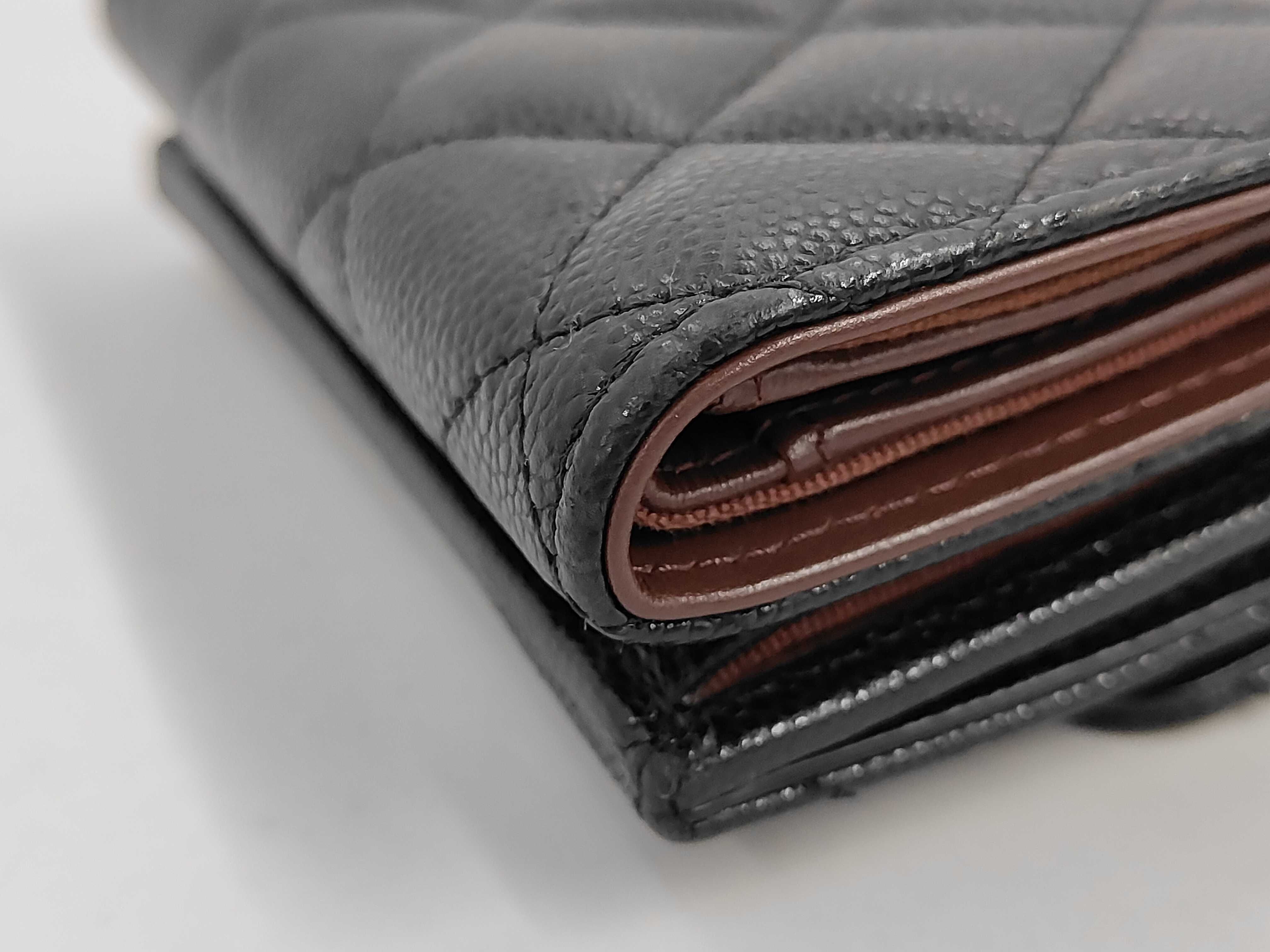 Matelassé Caviar Skin Compact Wallet, Black with Gold Hardware — view 9