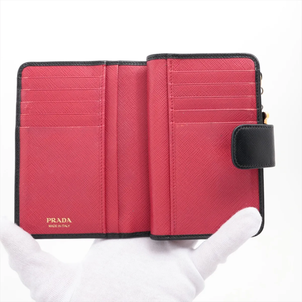 Saffiano Metal Leather Compact Wallet, Black x Red — view 3