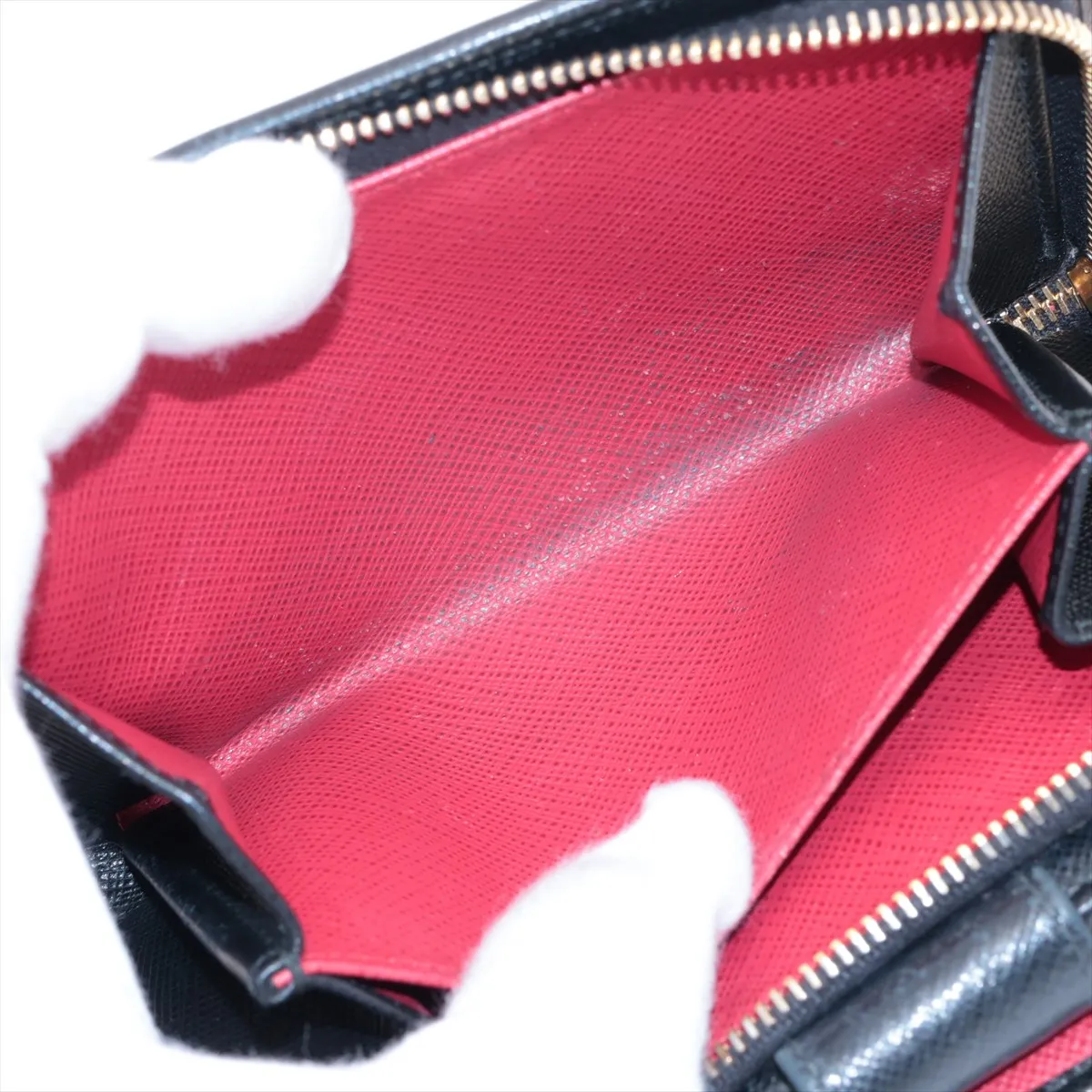 Saffiano Metal Leather Compact Wallet, Black x Red — view 5