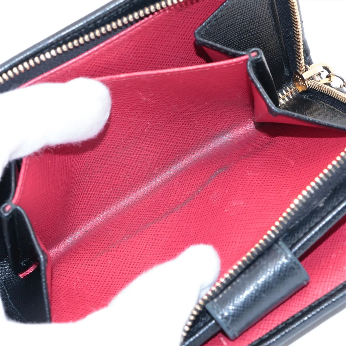 Saffiano Metal Leather Compact Wallet, Black x Red — view 6