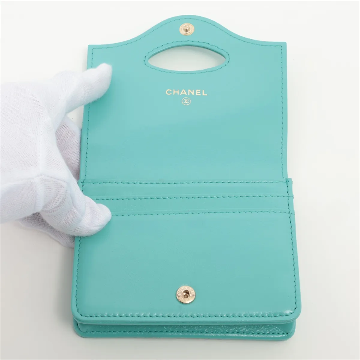31 Lambskin Card Case, Blue with Gold Hardware, KH5954XC — view 3