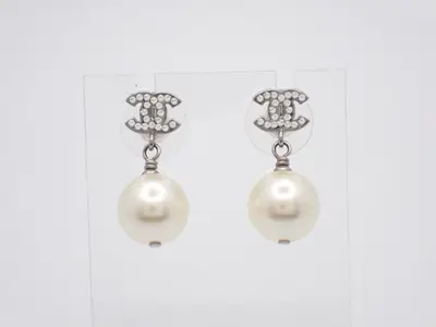 Earrings, Coco Mark design, 12mm faux pearl, rhinestone, A18 grade, V stamped.