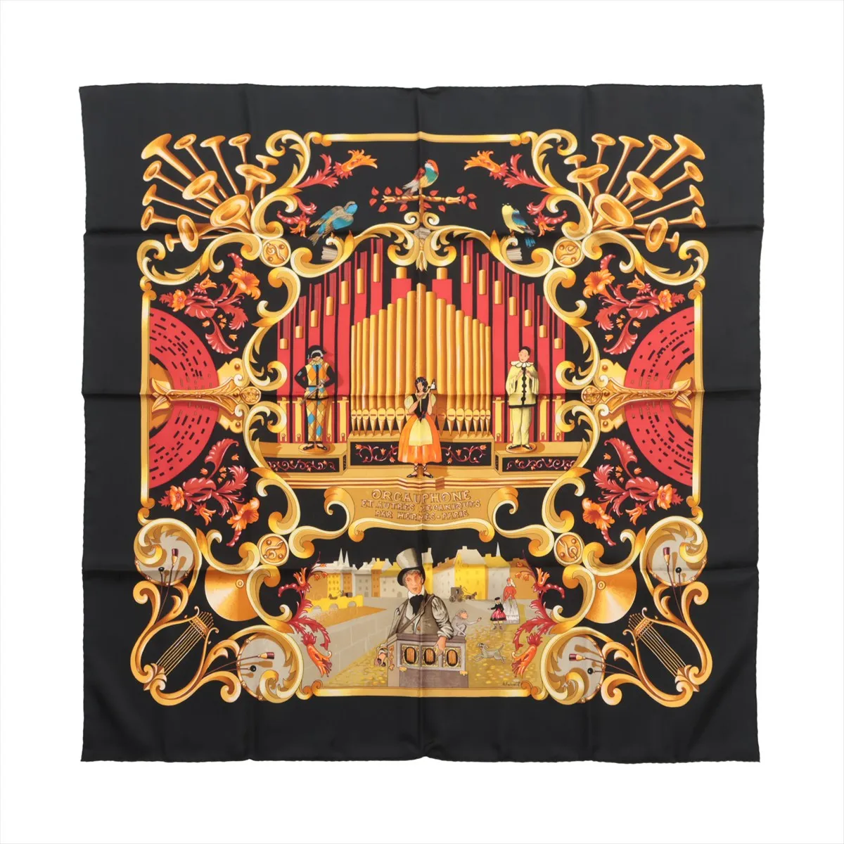 Carre 90 ORGAUPHONE ET AUTRES MECANNIQUES (Pipe Organ and Clockwork Instruments) Scarf, Silk, Black.