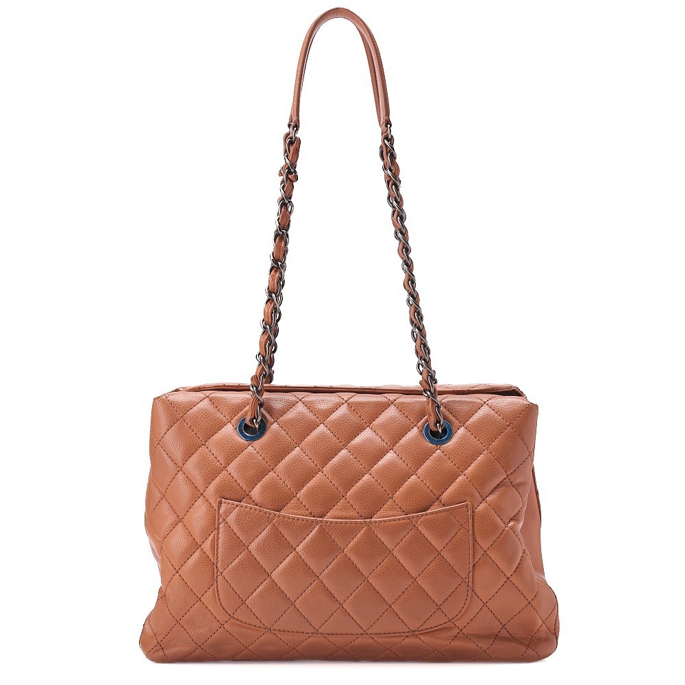 Caviar leather matelassé chain tote bag, orange — view 2