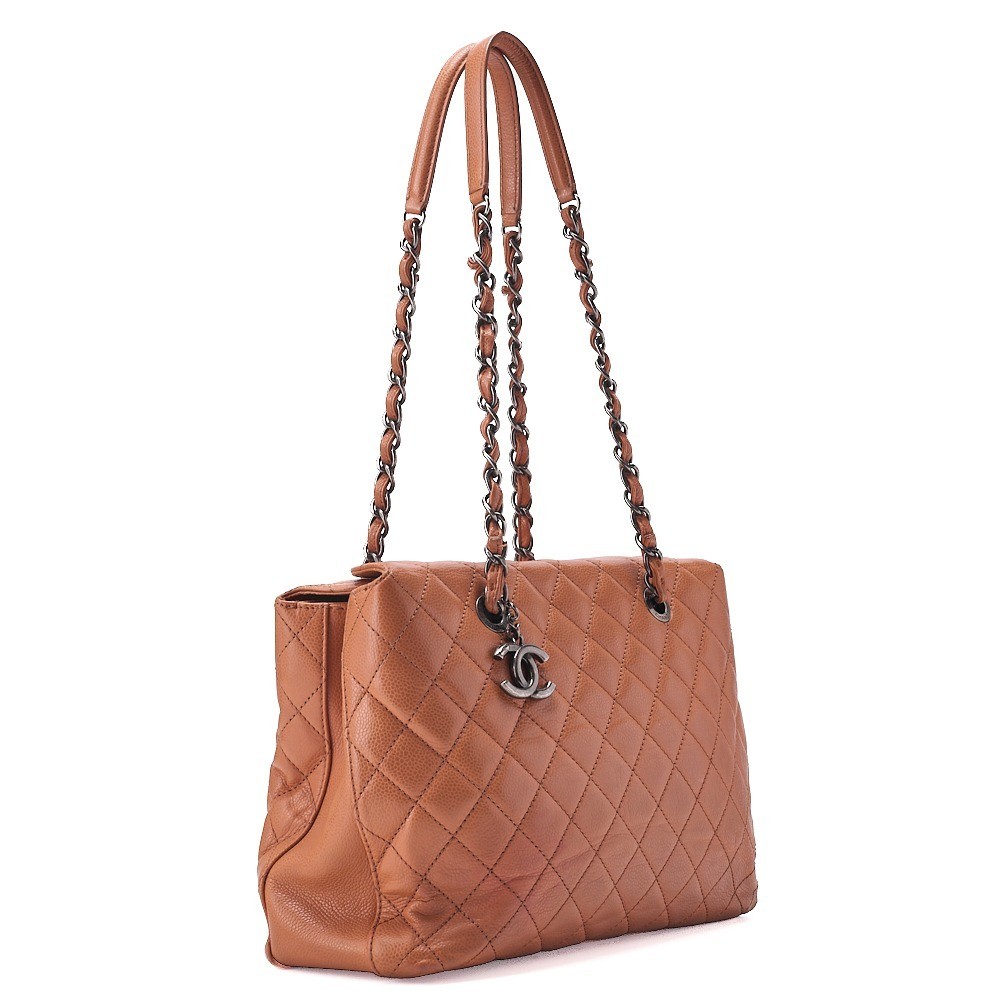 Caviar leather matelassé chain tote bag, orange — view 3