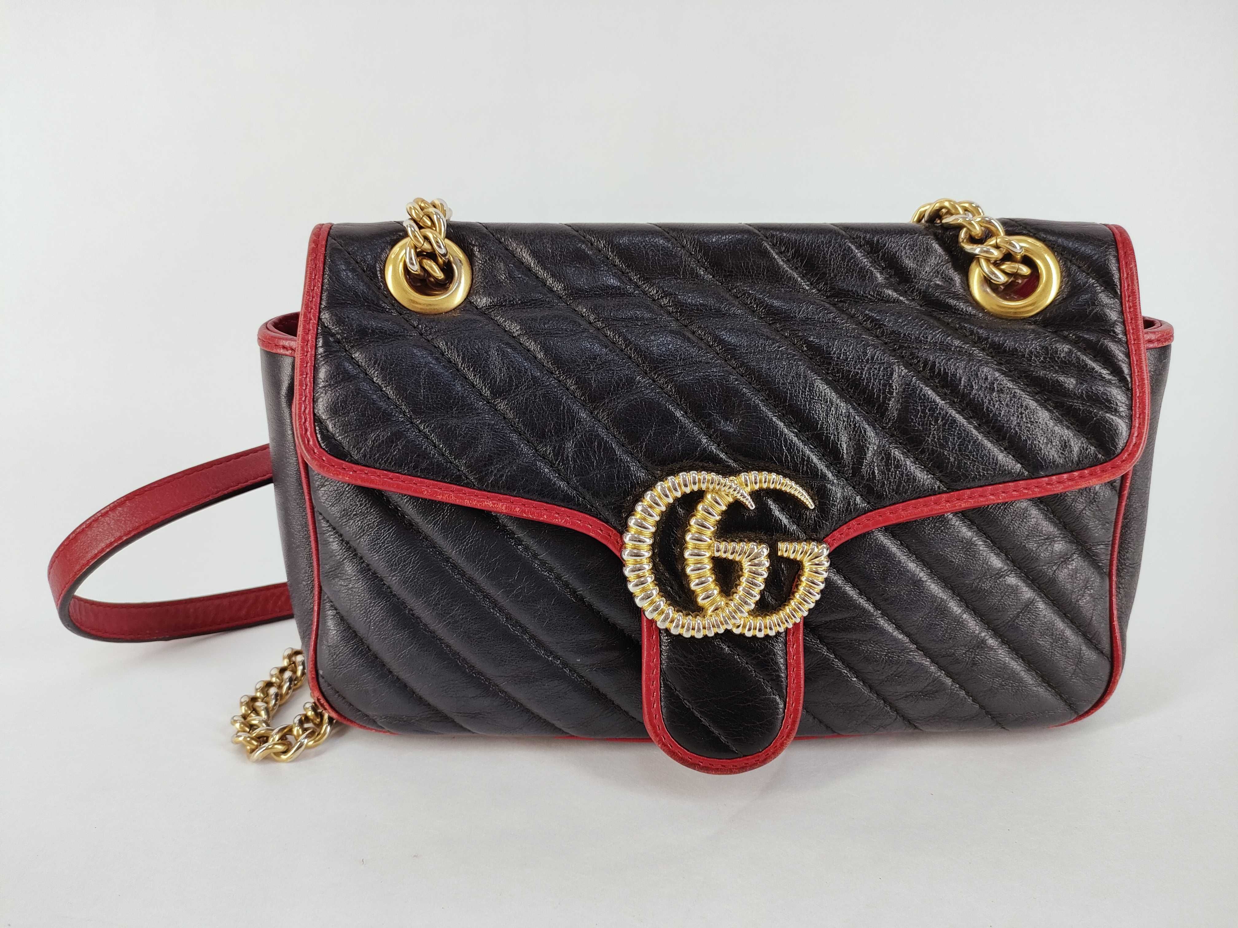GG Marmont Chain Shoulder Bag, Quilted Leather, Black/Red, 443497 (Shoulder Bag)